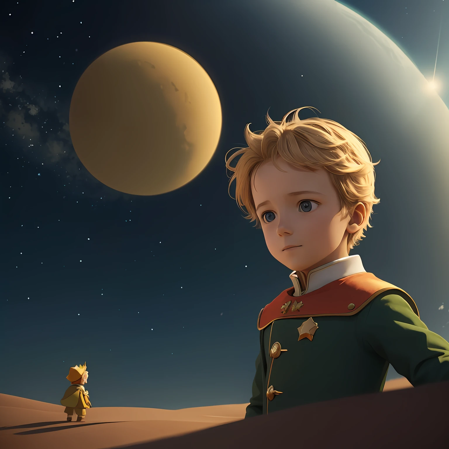 hello I would like a picture of the little prince in cinematic tones, e ao mesmo tempo infantil --auto