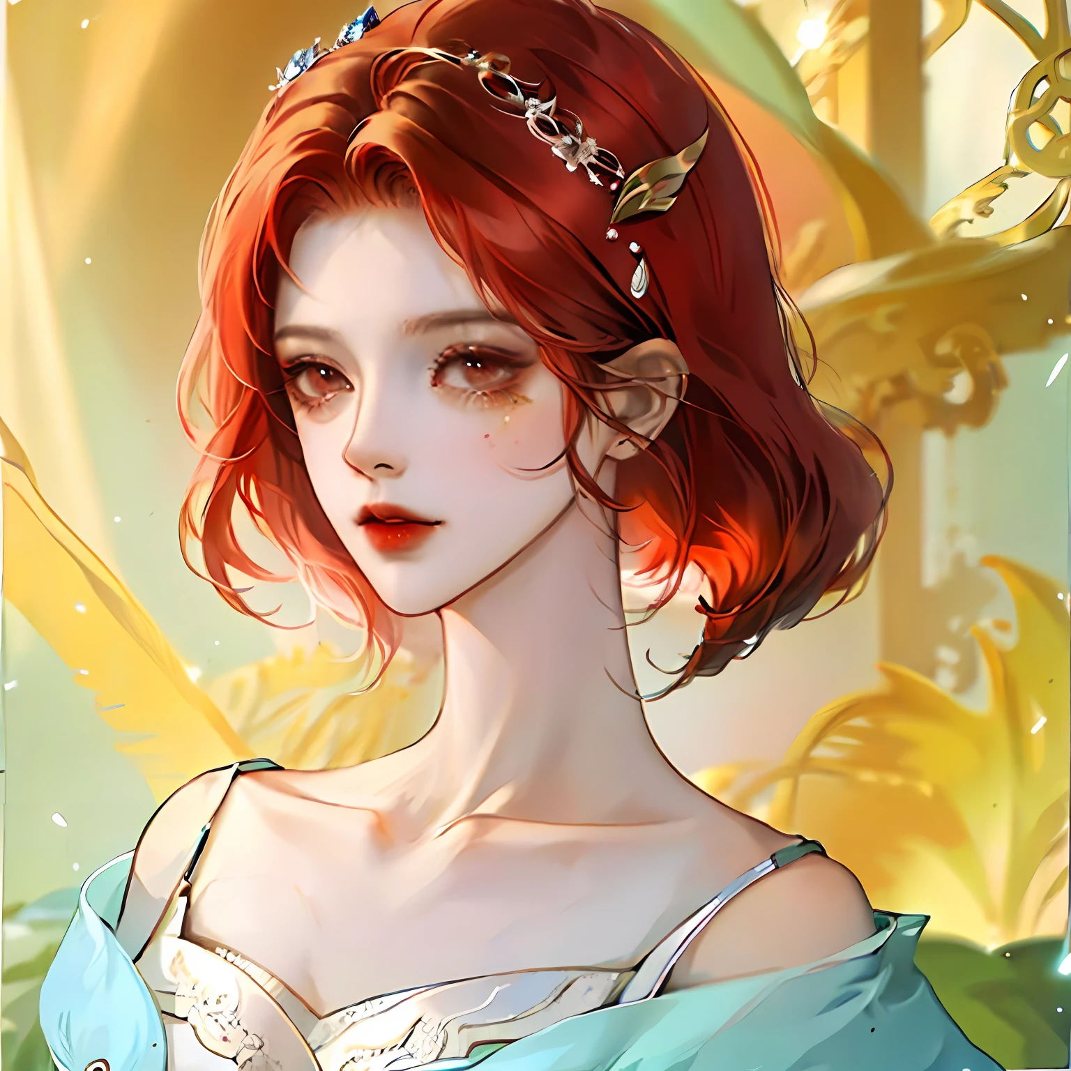 femele,short detailed hair,red tinted hair,The upper part of the body,Royal Sister,v neck