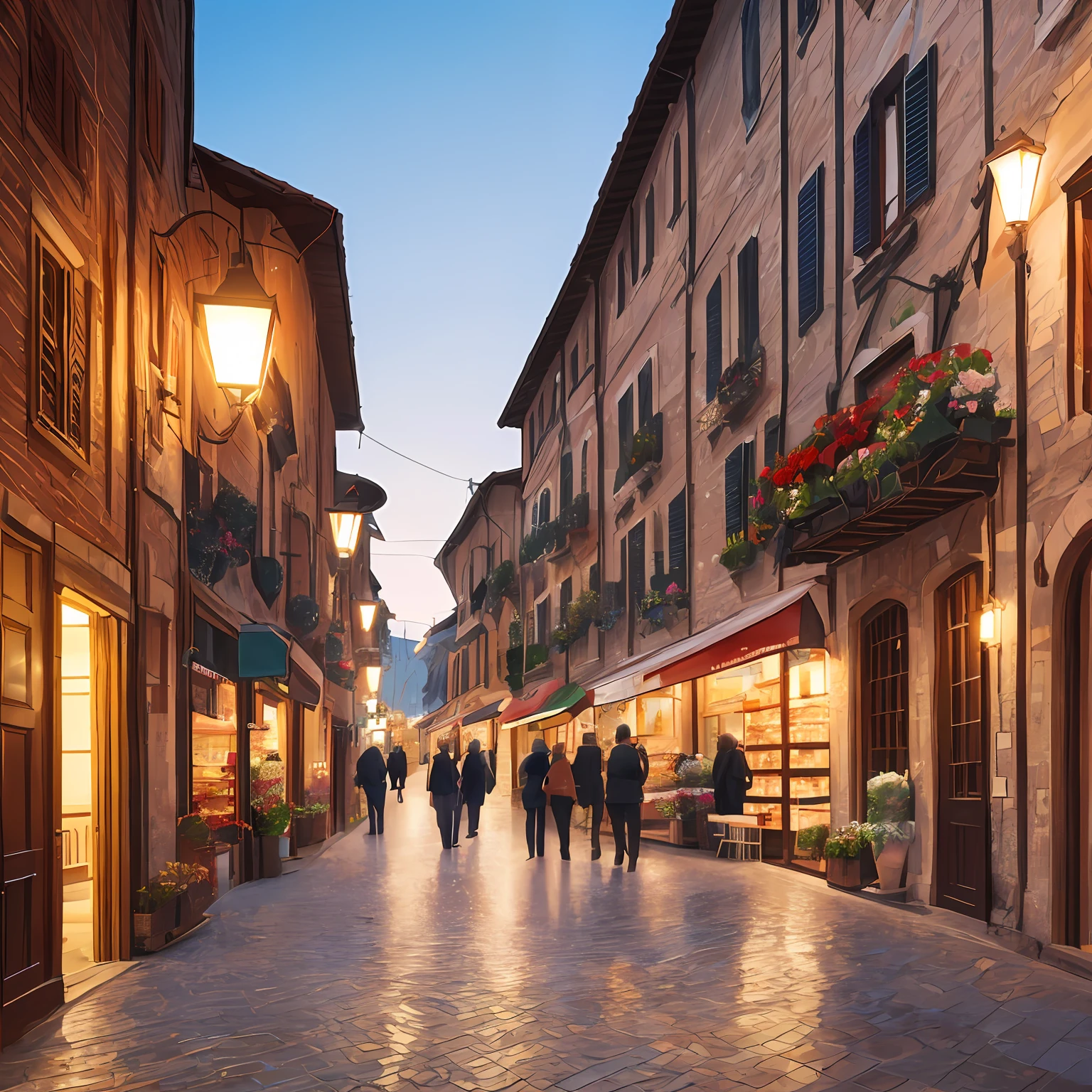 Winters, Brick road,A bustling city, ((natta)), Streets of Italy, masterpiece,film like, Background blurry, depth of fields,Shops lined up,There are people,daily,a person々comes and goes,There is a florist,There is a pizzeria,There is a coffee shop,1 person,View here,((Realistic lighting、beste-Qualit、in 8K、masterpiece:1.3))、Clear focus:1.2、1girl in、Perfect figure:1.4、((dark brown hair))、high street、Super fine face、Narrow-eyed、二重まぶた、Wearing a black formal blazer、Come on a bright shirt、slim figure、Light glasses、