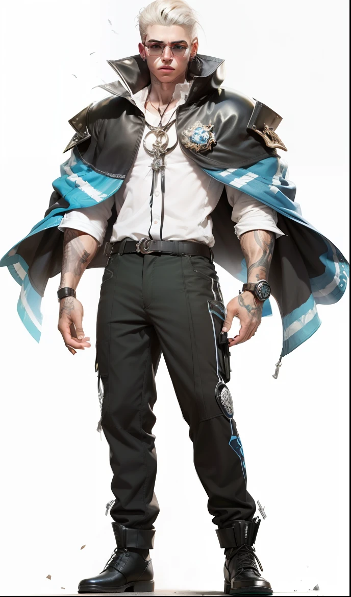 "Create a portrait of a 23-year-old with multiple spiral scars on the 2 arms, confiante e superior, vestindo um casaco preto sem qualquer tom de azul, Lighting should be strong, with deep shadows and the image in high resolution and detail. Adicione pequenos detalhes que evidenciem sua personalidade, como, por exemplo, um colar ou brincos de prata." --auto