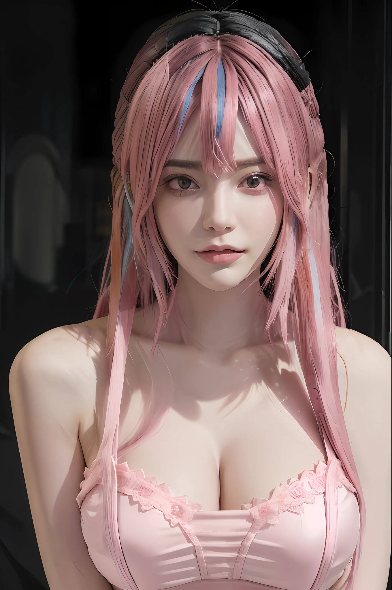 (masterpiece:1.3), (8k, photorealistic, RAW photo, best quality: 1.4), (1girl), beautiful face, (realistic face), (pink hair, long hair:1.9), (huge breast), beautiful hairstyle, realistic eyes, beautiful detailed eyes, (realistic skin), beautiful skin, red eyes, (sexy dress), (lace dress), (transparent dress), absurdres, attractive, ultra high res, ultra realistic, highly detailed, golden ratio