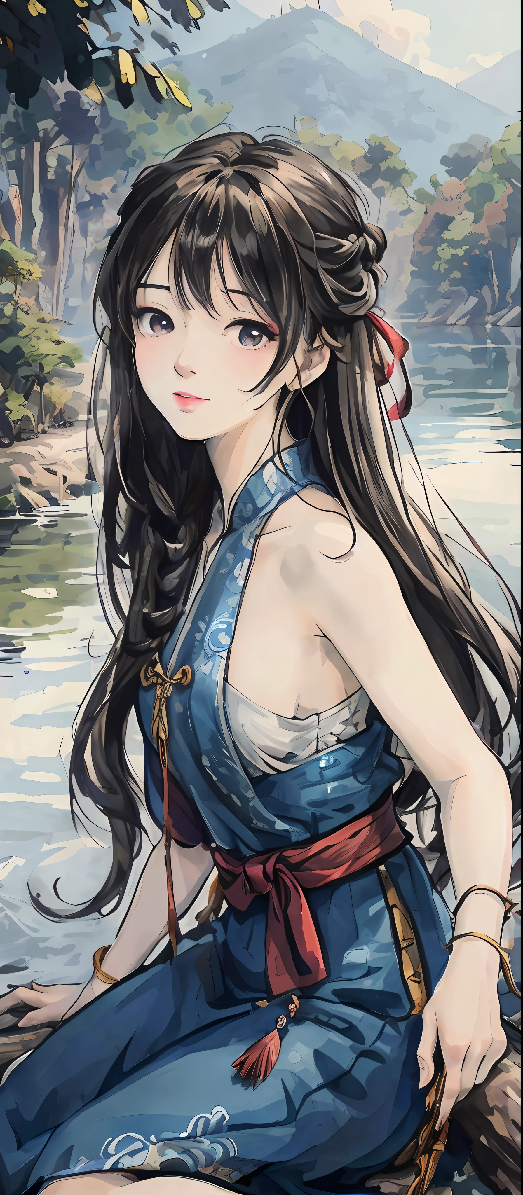 Anime girl sitting on a log by the water, a beautiful anime portrait, Beautiful anime girl, Guviz-style artwork, Beautiful character painting, Detailed digital anime art, detailed portrait of an anime girl, Digital anime illustration, Beautiful anime artwork, drawn in anime painter studio, Beautiful anime woman, Guviz, Digital anime art, Alice X. zhang