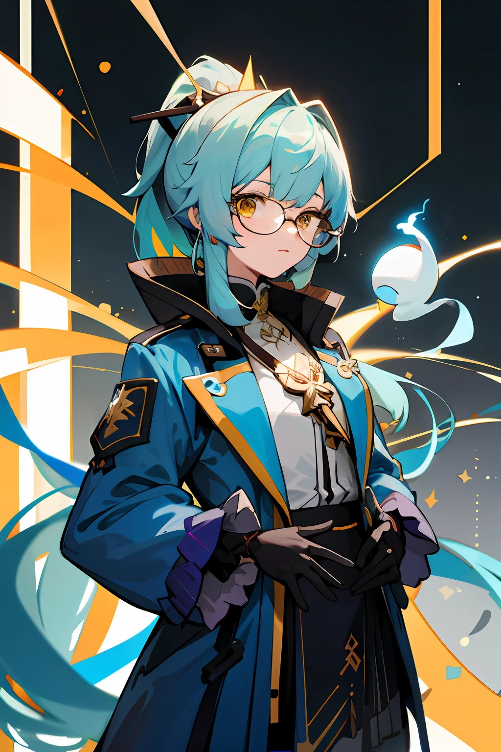 Anime - blue high ponytail,middle score,Style image of woman with gold round frame glasses and yellow eyes and blue coat, From Arknights, Best anime 4k konachan wallpaper, Anime moe art style, high detailed official artwork, Official artwork, Keqing from Genshin Impact, Portrait Chevaliers du Zodiaque Fille, Detailed key anime art, Ayaka Genshin impact, mikudayo