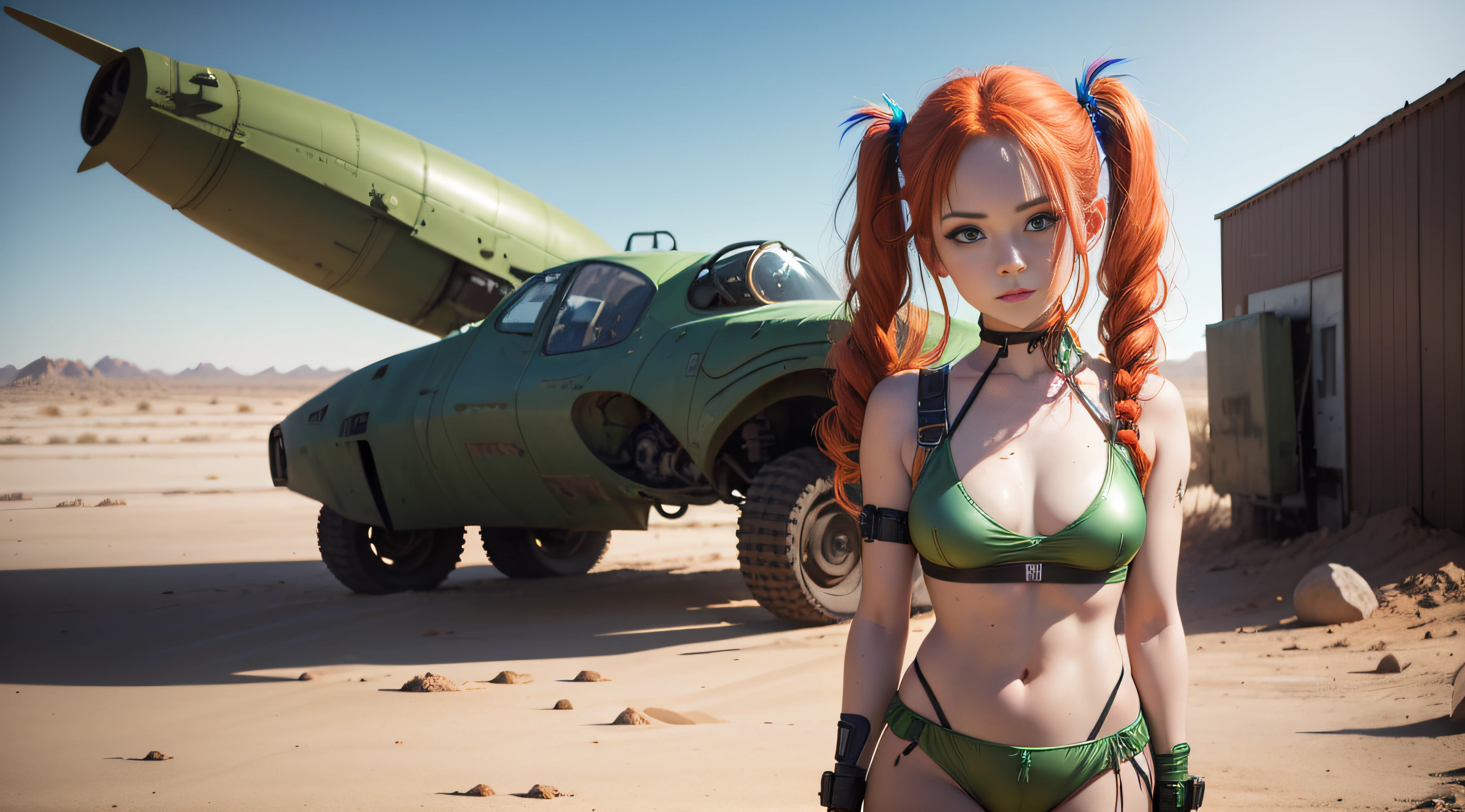 cute redhead woman in twin tails, multiple rainbow colored hair, sky-blue eyes, happy, Ukrainian, petite, pale skin, wearing a green metallic color bikini, post apocalyptic background, bleak barren desert, photo realistic woman. --auto