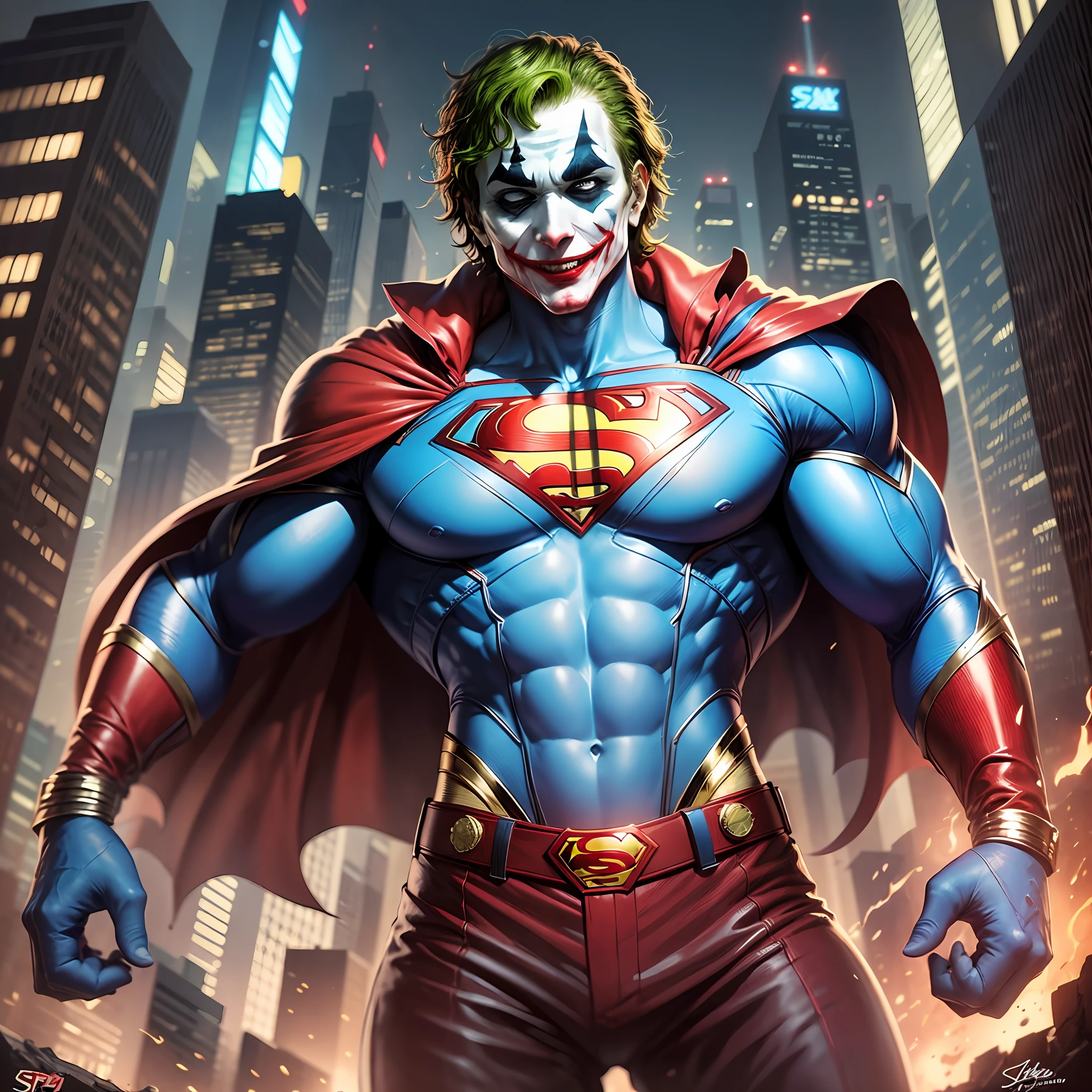 ((Joker wears Superman's iconic blue suit and red cape)), wears Superman's signature S logo on his chest, yellow belt around his waist, [burly physique], blue hair boldly stroked back, (white face with red lips curled into a sly smile), animation and psychotic expression in his eyes,[[ebay strong with fist raised triumphantly, confused Metropolis city scene with skyscrapers, highly detailed art]],comic style --auto --s2