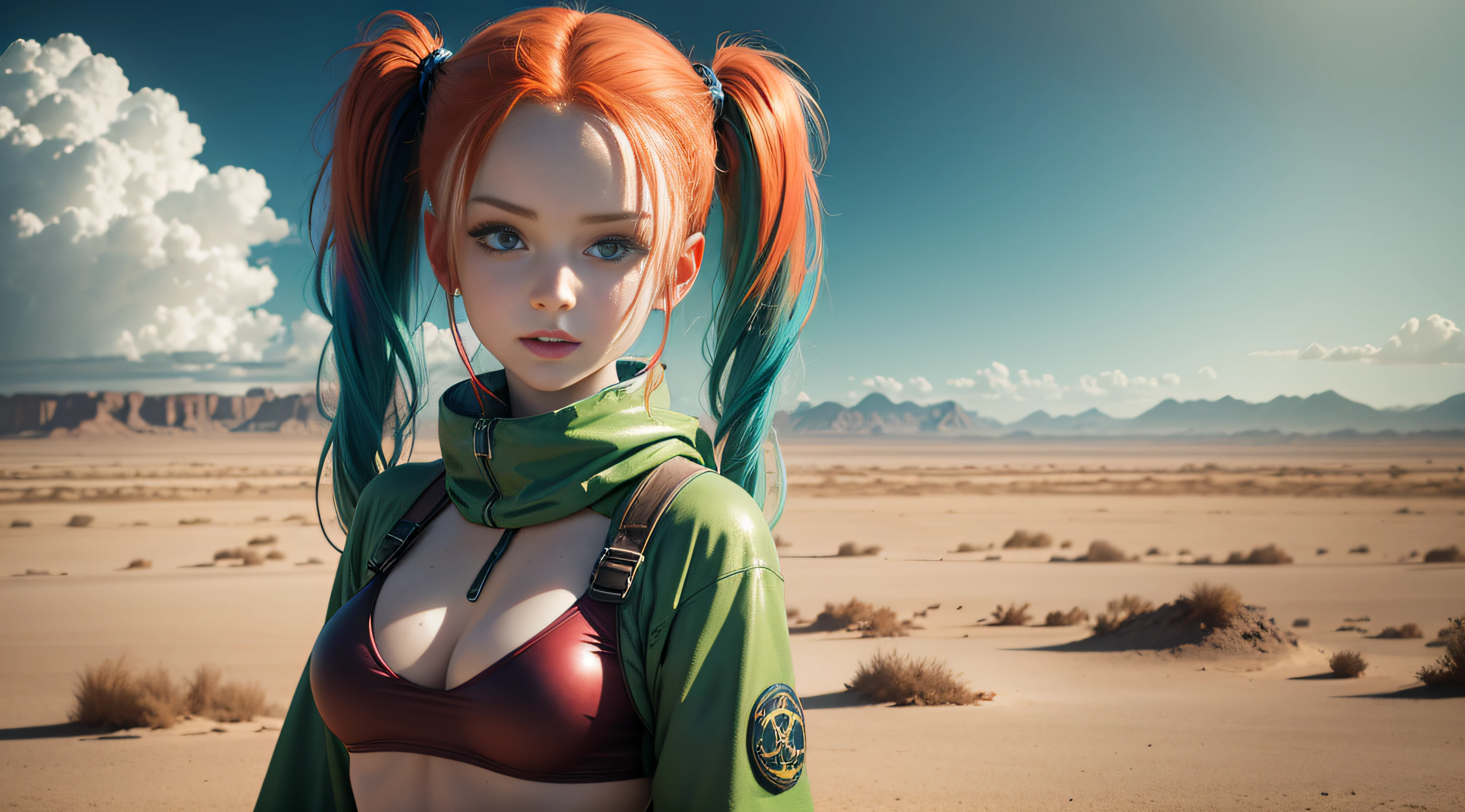 cute redhead woman in twin tails, multiple rainbow colored hair, sky-blue eyes, happy, Ukrainian, petite, pale skin, wearing a green metallic color bikini, post apocalyptic background, bleak barren desert, photo realistic woman. --auto