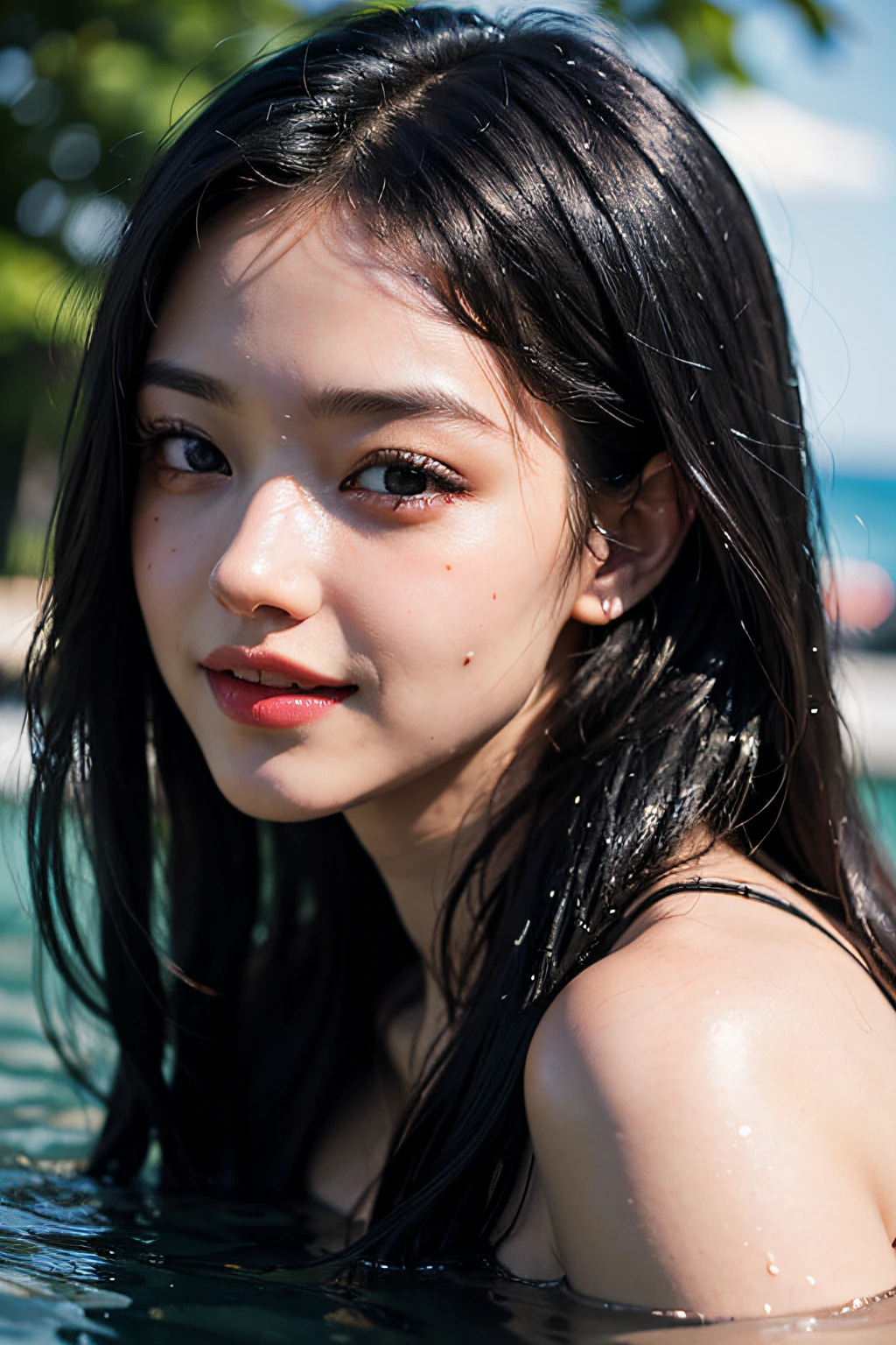 (in 8K、 Raw photography、top-quality,、hight resolution),、(hyper realisitic)、(realisitic),、Soft light、、girl with、Lifelike face、Realistic body、real looking skin、absurderes、masterpiece、Cuties、独奏、Innocent eyes、blusher、Cinema Lights、cherry colored lips、The hair 、a closeup、looking at viewert、 Open lips,、Upper teeth,、(Smiling eyes:0.6)、eyes focus、professionally lit、CG Social Trends、Plastic En、((Black Long Hair))、((Beautuful Women))、(A smile)、Fashionable、(A sexy)、Hair that flutters in the wind、((Flowing hair))、Happy -、fashion magazine、((lighting like a movie))、the woods、((blue-sky))、((playing in the water))、full body Esbian、(Glitter)、