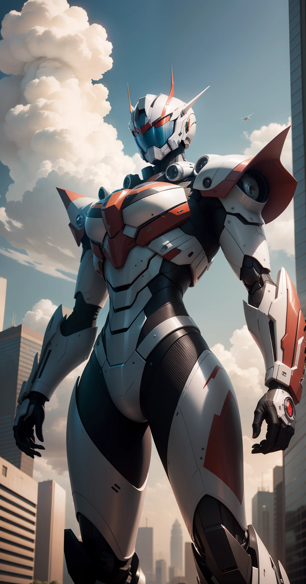Kamen Rider, concept design, Sci-fi character design, scientific fiction, giant robots, Advanced metal and ceramic mech, Accurate EVA 01 head details, high - tech, Huge robots, (exteriors, Skysky, clouds), globalillumination, rim-light, rendering by octane, Ray traching, 4k, best qualtiy, tmasterpiece, A high resolution, highly detailed, Scientific anatomy, carbon fibers, Titanium Alloy, hyper realisitc, parfect anatomy, Beautiful Tokyo-3 background, CG,Solidarity,Wallpapers,afofuturism,epic sense,The end of the world,Sci-fi fighter,Giant machinery,right perspective