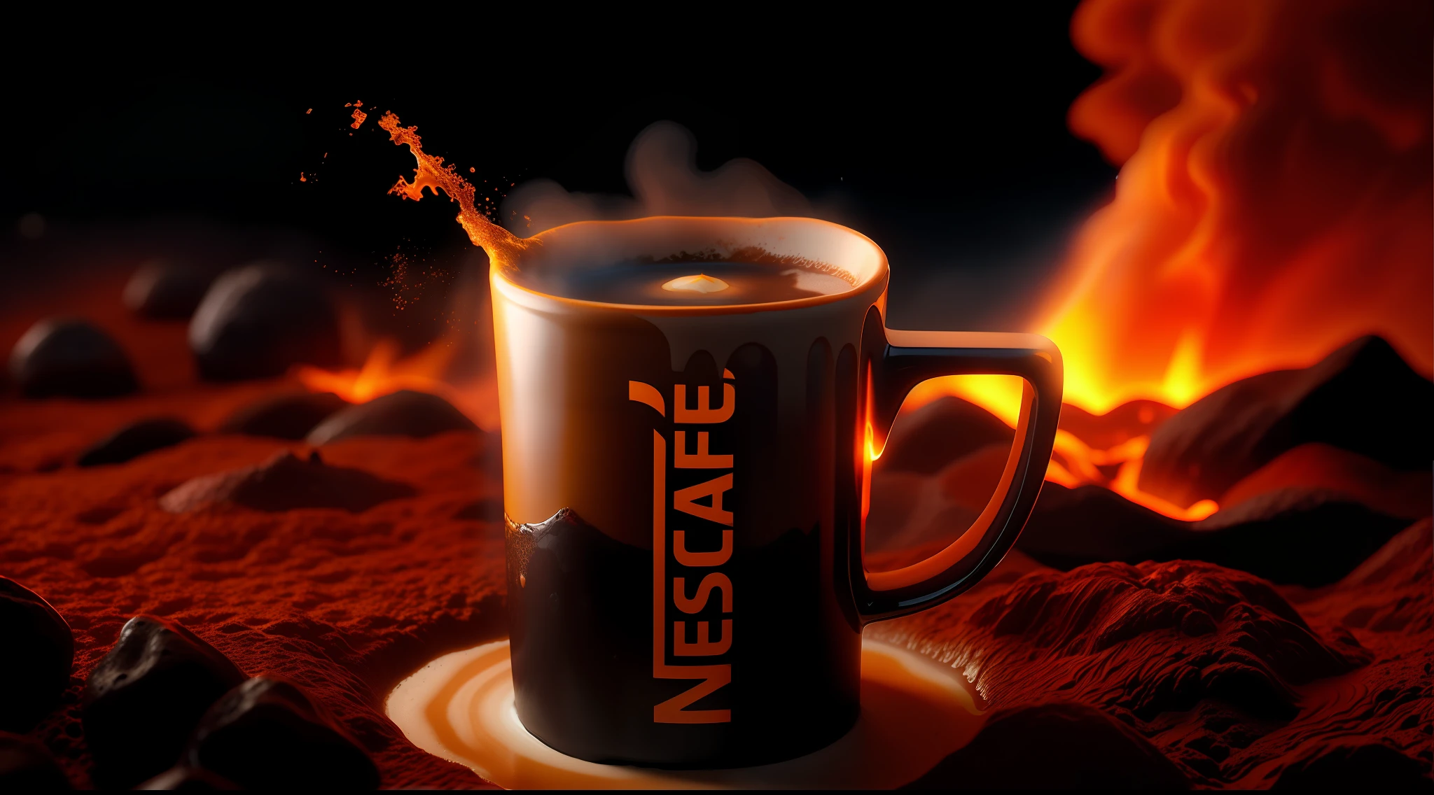 Volcano Coffee cup, The art of latte for coffee, violently erupting out of kintsugi black lava rock coffee cups, rims glowing hot, molten red coffee lava splashing and overflowing out of the cup, volumetric dust particles, exploding lava, steams, floating celestial, Bokeh, Night, Moonlight, rays of moonlight, Surreal, Magic dust