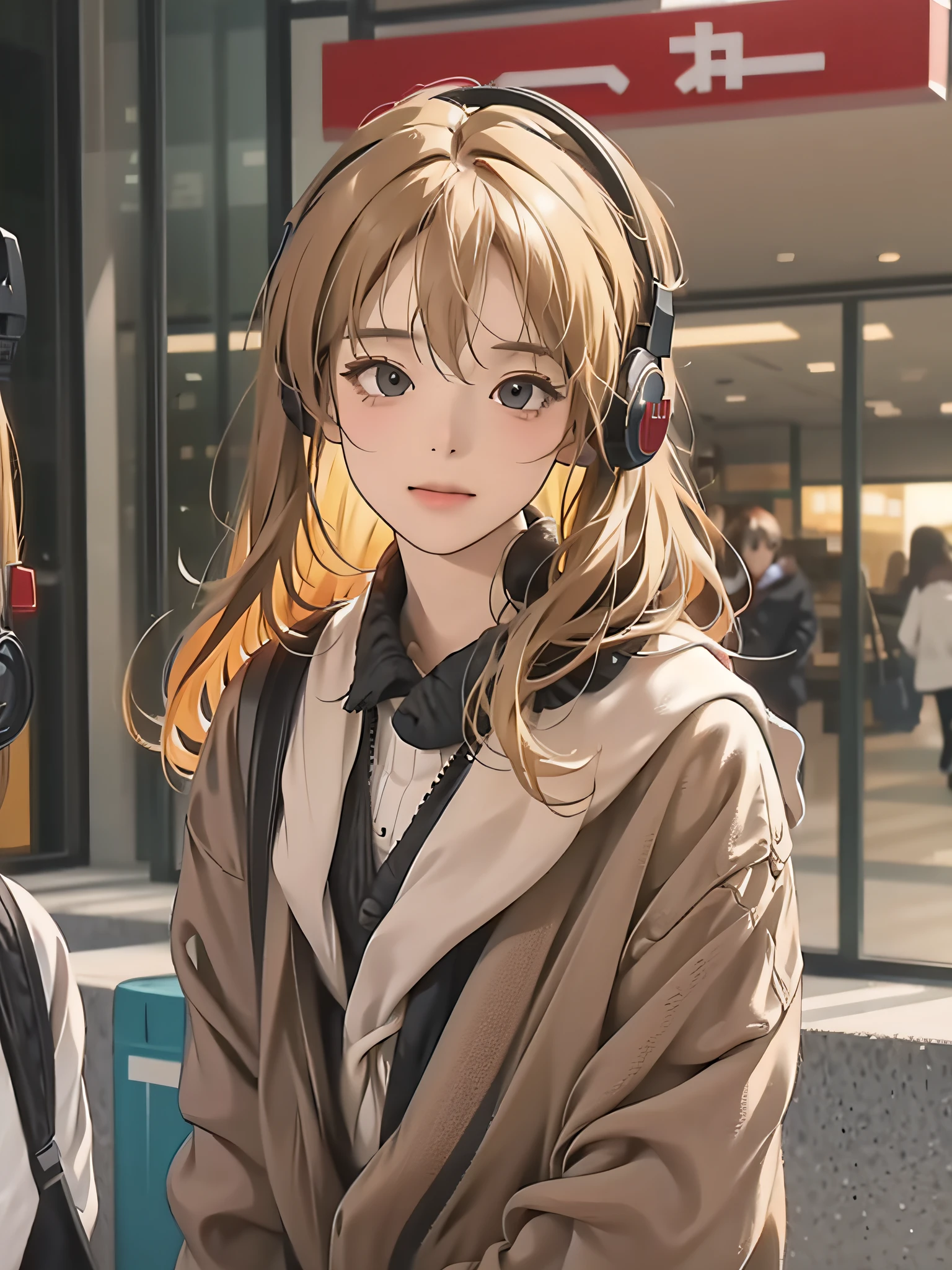 shopping mall, Long blonde fringed hair, with brown eye, 1girll, , The headphones are hung around the neck, , Innocent, 100mm lens, realisticlying, Lens glare:1.4, Look to the right, 校服, complexdetails:1.2, tmasterpiece:1.3, best qualtiy:1.4, 超高分辨率:1.2, detailedeyes, detailedfacialfeatures, hdr, 8K分辨率, , farsightedness, Reflections on the floor, Low cut open cloth。
