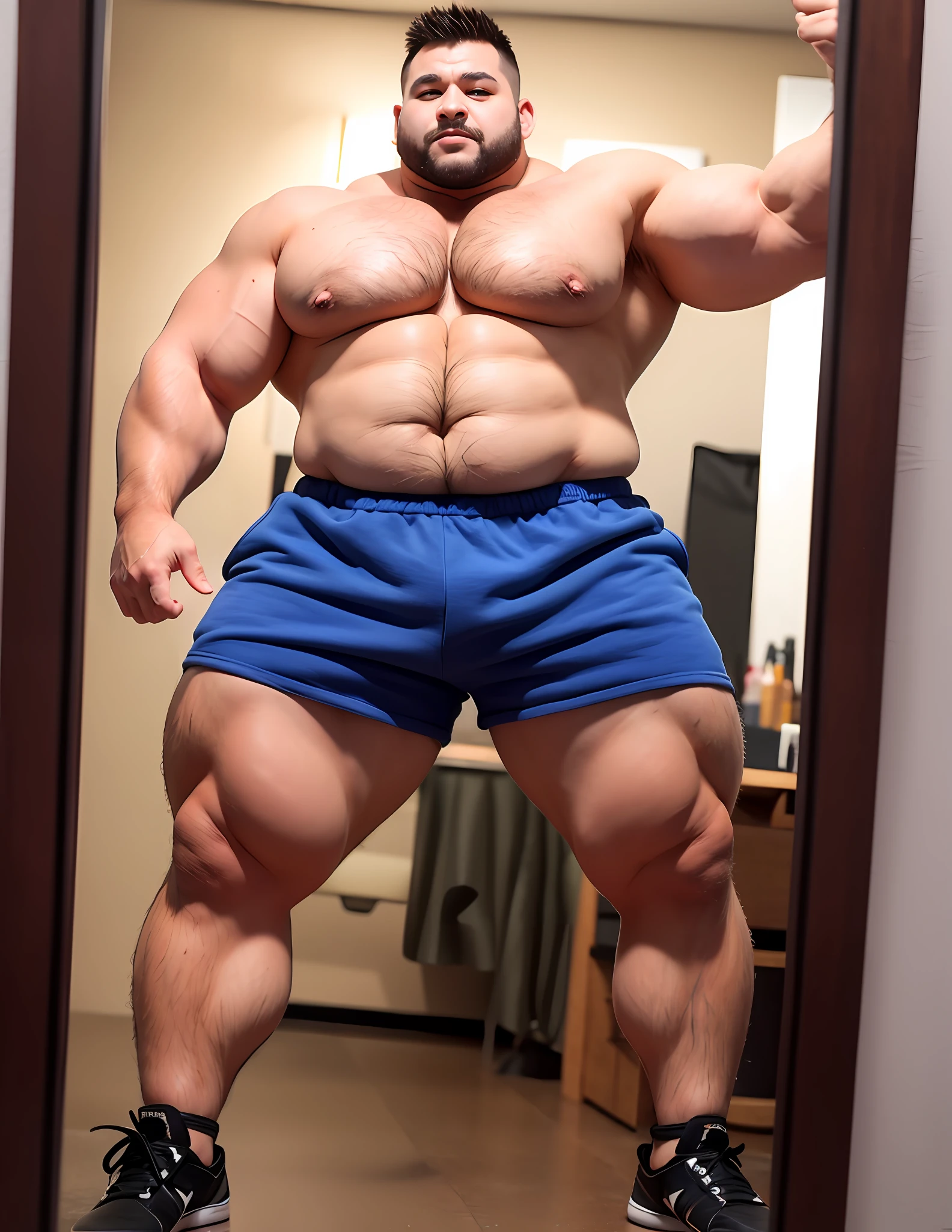 Tiger orc in blue shorts taking a selfie in the mirror, Muscular thighs, exaggerated muscle physique, Muscular legs, Bulging muscles, exaggerated physique, exaggeratedly large physique, chest legs, Thighs!!!!!!, fairly muscular, absurdly massive physique, huge muscle, musculous, Obese but muscular, Tiger orcs with strong body hair, Blonde hair