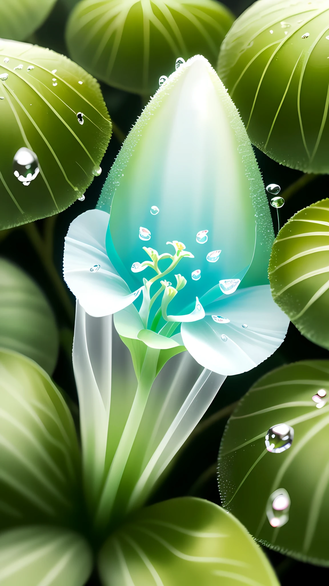 A white flower, transparent petals, as deep as sea water, crystal clear + dewdrops, 8K, HD, ivy, flowers, tropical plants