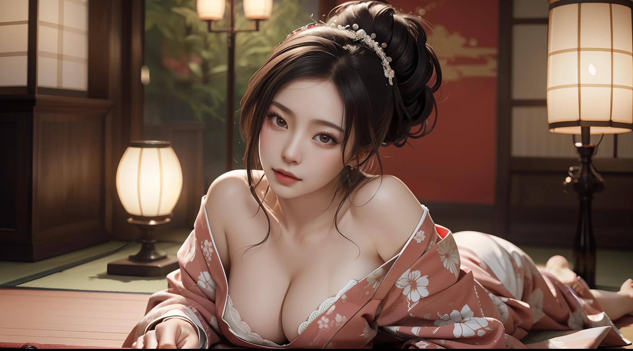 Yukaku, Yoshiwara, Spirited Away background, red light background, geisha, courtesan, oiran and maiko, beautiful Japan woman in kimono with Japan hair tied, Japan hair, tanbo, everyday kimono, skin sleeves, Japan obi, kimono, loose breasts, no bra, undulating proportions, beautiful buttocks, protruding beautiful buttocks, seductive poses, seductive poses, provocative smiles, mature women, night scenes, red light source indoors, Red light of lanterns, interior decoration of Japan private house, beds, tatami mats, tatami flooring, shoji, fusuma, bathroom, Japan fantasy background, masterpiece, exquisite and artistic face, Very detailed and expressive eyes, shiny hair, very detailed face and skin texture, highly detailed skin with pores, detailed hand description, detailed leg description, 8K, 16K, top quality, professional writing, radiosity, film lighting, dramatic lighting, Photorealistic, exquisite CG, physics rendering, ultra-realistic, realistic and realistic textures, Unreal Engine 5, dynamic angles,
