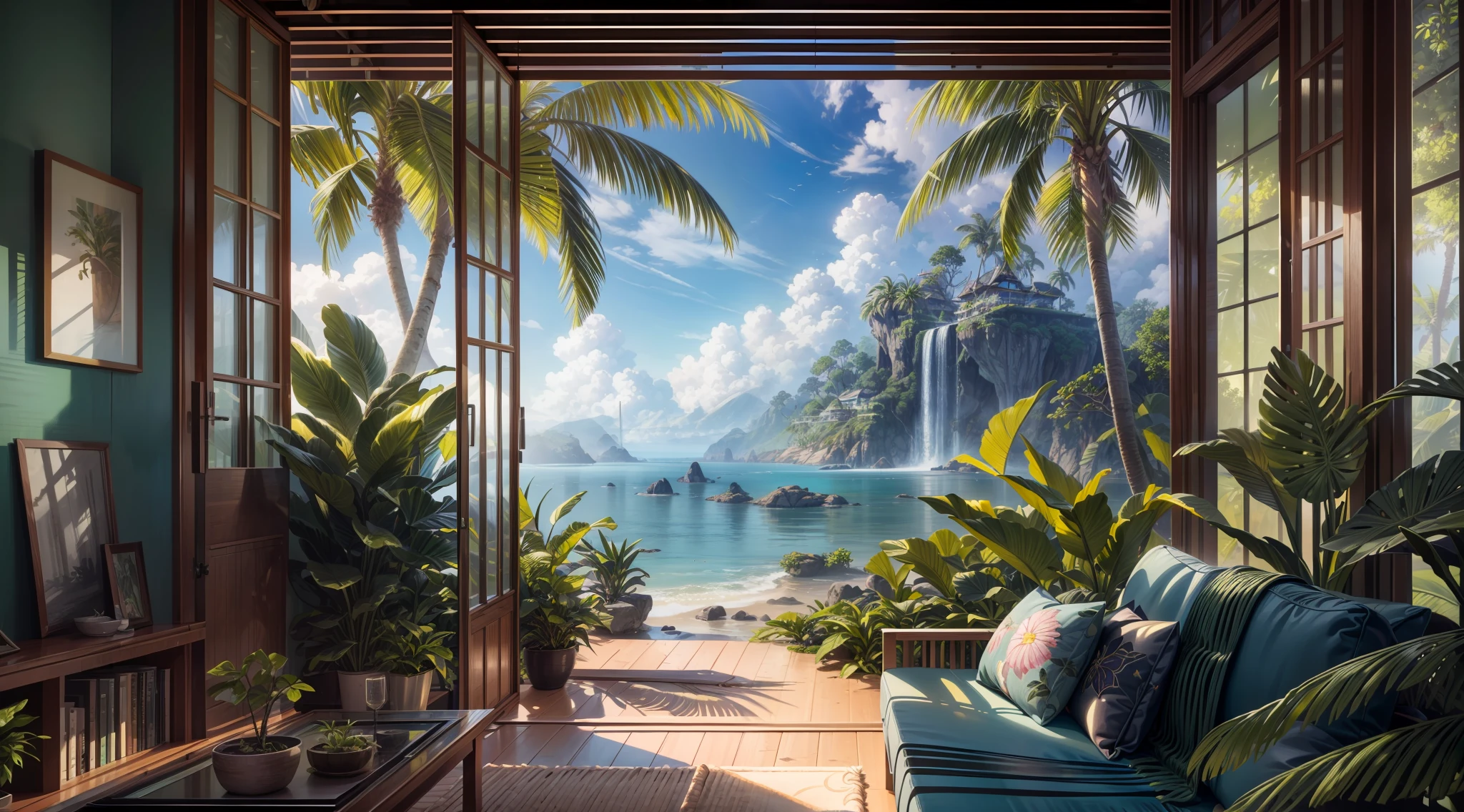(Best quality),(masterpiece),(ultra detailed),(high detailed),(extremely detailed),A verdant and humid tropical island covered in plants, sunlight, eye-catching details, beautiful simple modern architecture, serene, cinematic, hyperreal, octane render