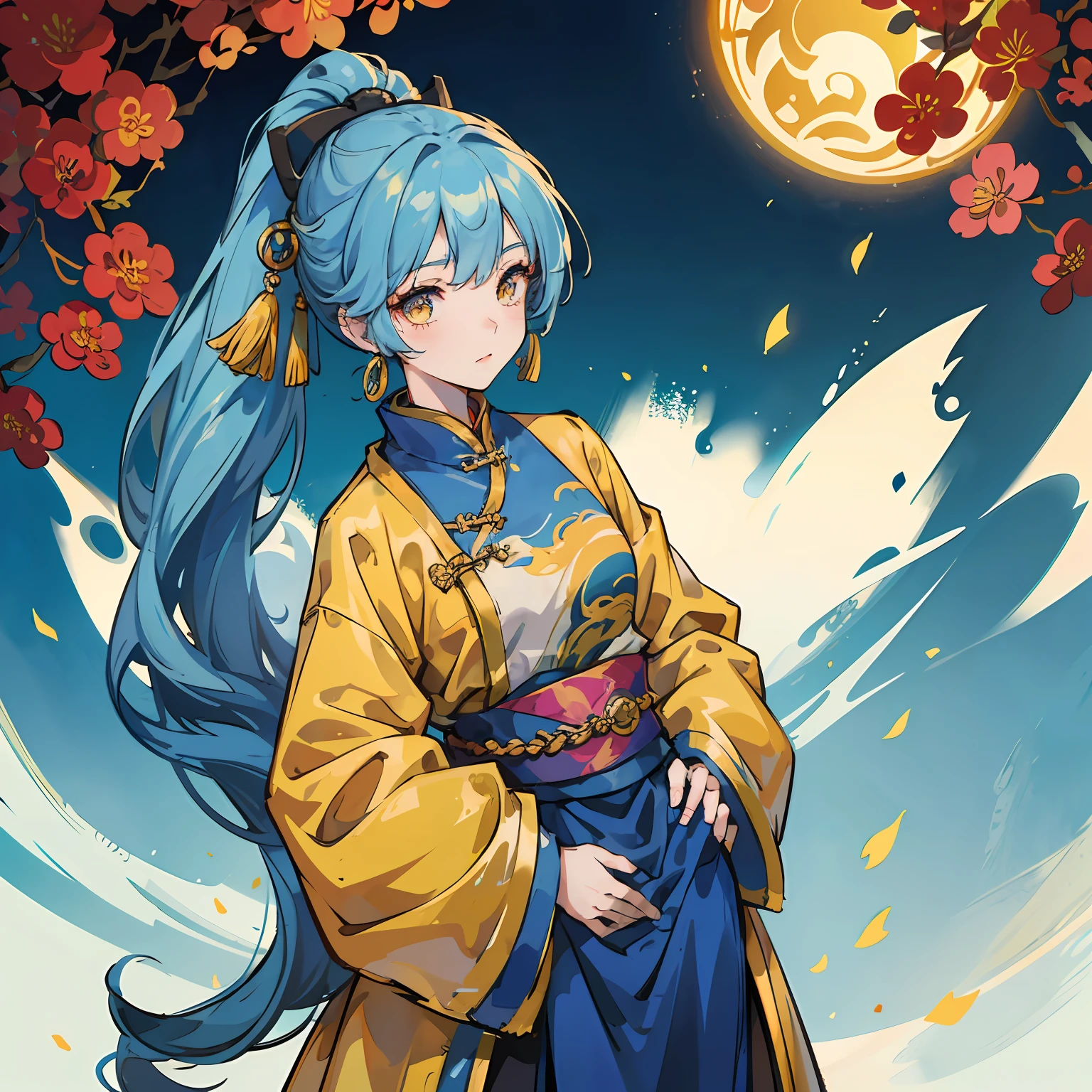 1girl,Chinese antique architecture,Sateen,Handed over the Wei Jin Han costume,Put your hands in your pockets,light blue long hair,Yellow eyes,High ponytail,middle score --auto