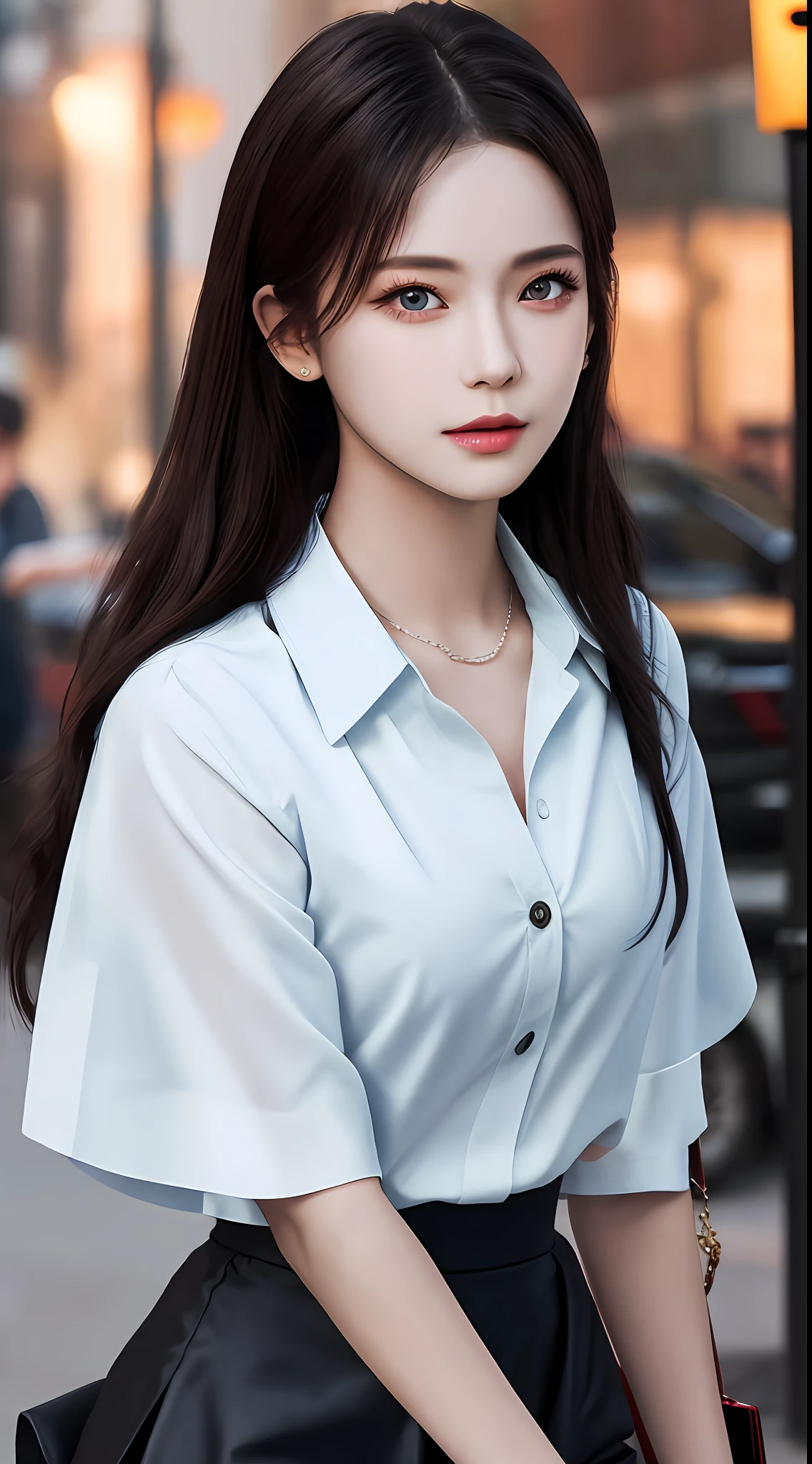 Top quality, Masterpiece, 1 girl, Beautiful face, (Photorealistic picture:1.3), Rim lighting, (High detail skin:1.2), 8K UHD, DSLR, High quality, High resolution, 4K, 8K, 8K, Bokeh, Absurdity, Best ratio four fingers and one thumb, (Real: 1.3), Cute 1 girl, wearing black formal blazer, Middle chest, Short skirt, symmetrical eyes, extremely dense eyes, solo focus, idle, shiny skin,