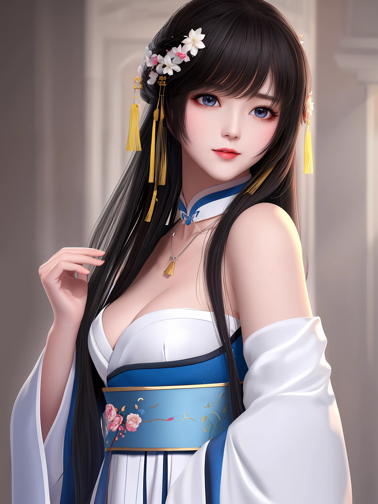 Need,tmasterpiece,A high resolution,1girll,Blushlush,(Seductive smile:0.8),starpupil,Chinese Hanfu,White Hanfu,Large breasts,hair adornments,choker necklace,jewelry,beautfully face,On_Body,full bodyesbian,Dingdall effect,realisticlying,Shadow room,light edge,Two-tone lighting,(highdetailskin:1.2),8K UHD,Slr,softlighting,high high quality,Volumetriclighting,sneak shot,photore,A high resolution,4K,8K,Background bokeh