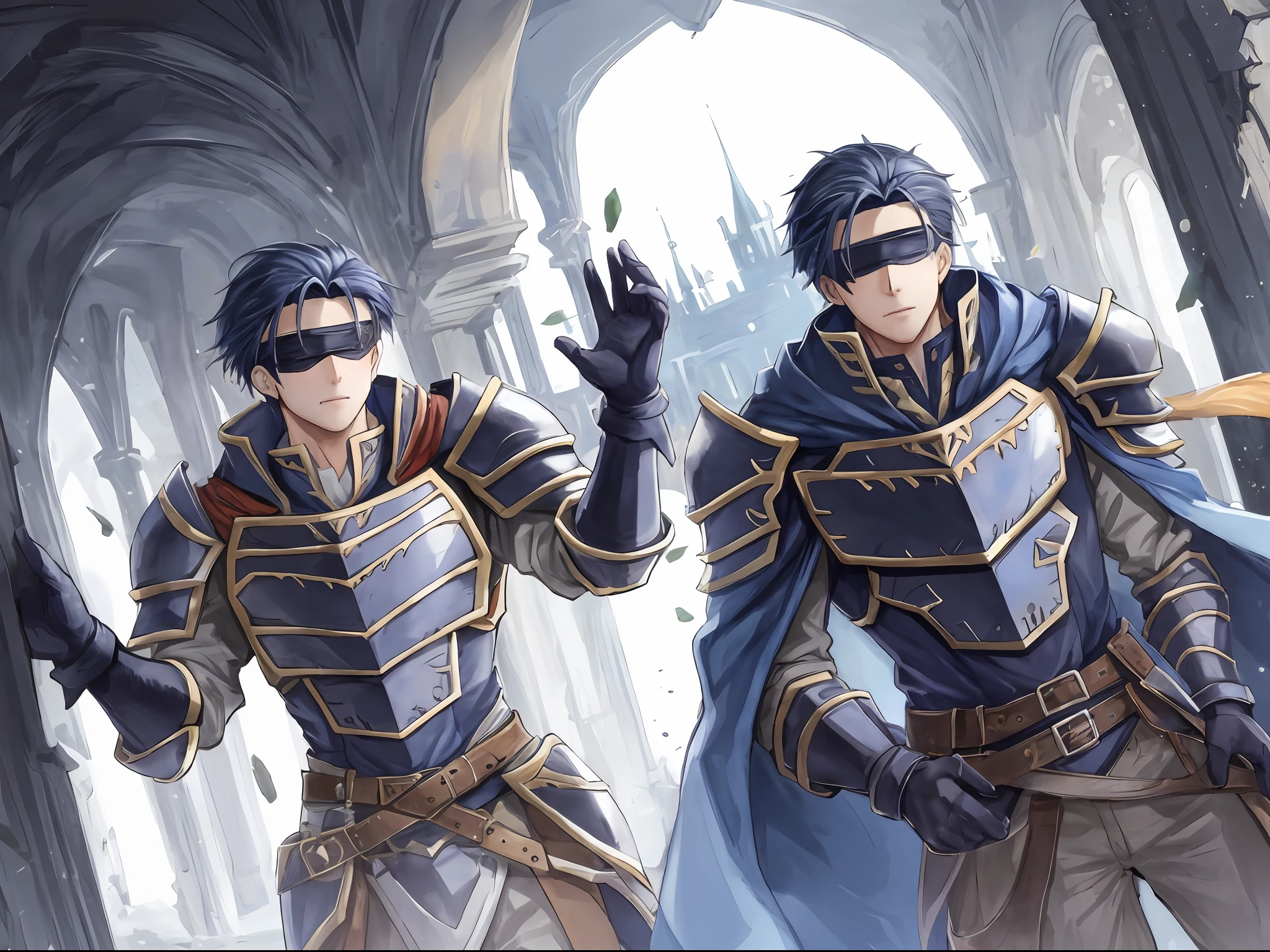 Hector Fey, 独奏, looking at viewert, Cladding,Blindfolds(Blindfolded), mitts, 1boys, Male focus, cloaks, Armour, Shoulder armor, Castle view