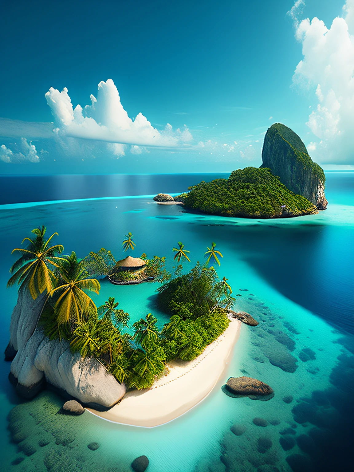 arafed island with palm trees and a sandy beach, tropical island, epic matte painting of an island, island in a blue sea, an island floating in the air, an island, island landscape, island floating in the sky, island background, monsoon on tropical island, island in the background, floating island, tropical location, island, island with cave, many islands, no humans, tree, cloud, sky, outdoors, scenery, day, palm tree, ocean, water, beach, blue sky, horizon, cloudy sky, nature, sand