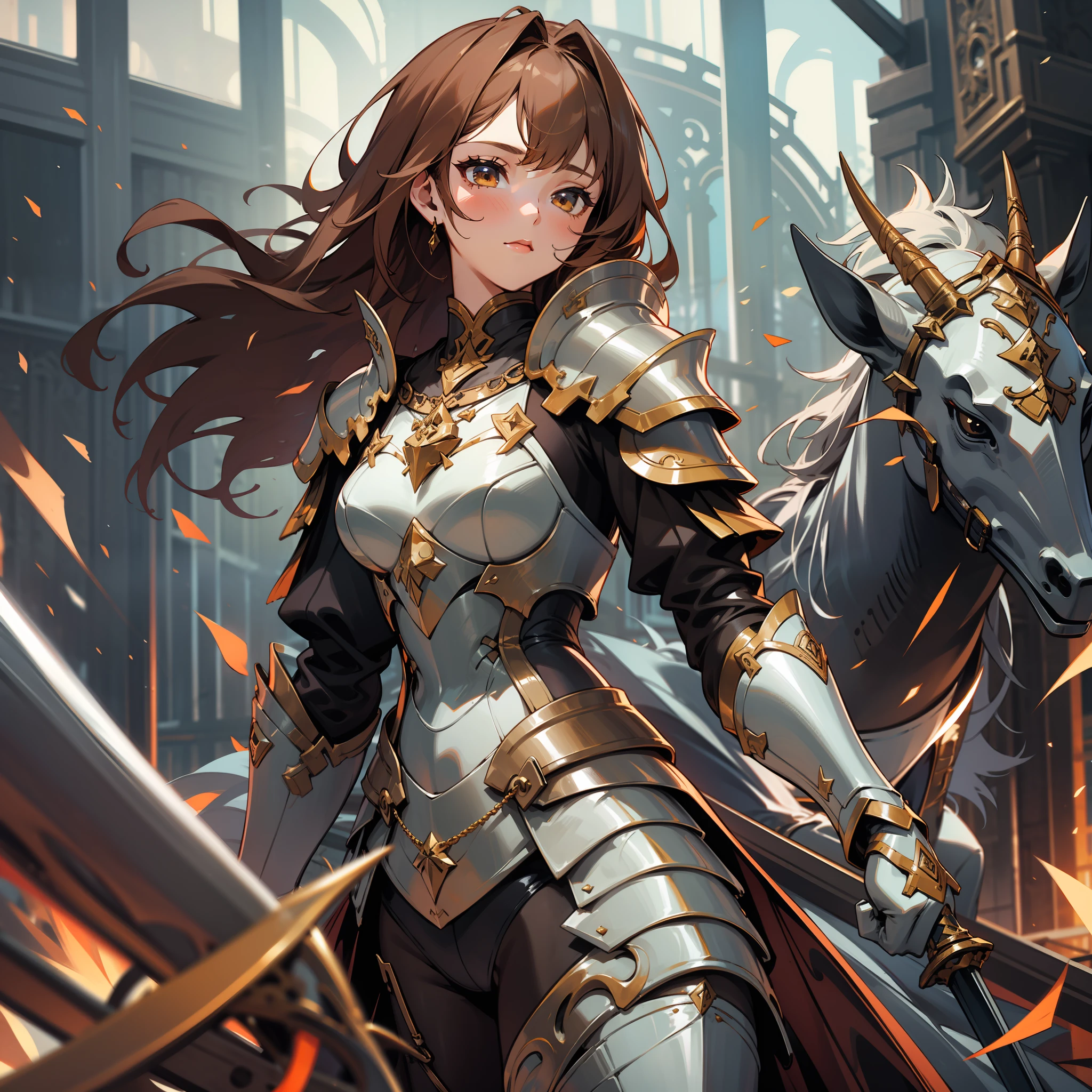 A girl, a druid, Short wild brown hair, Dark fantasy, Detailed deep armor, detailed sword, Horse element,cavalier
