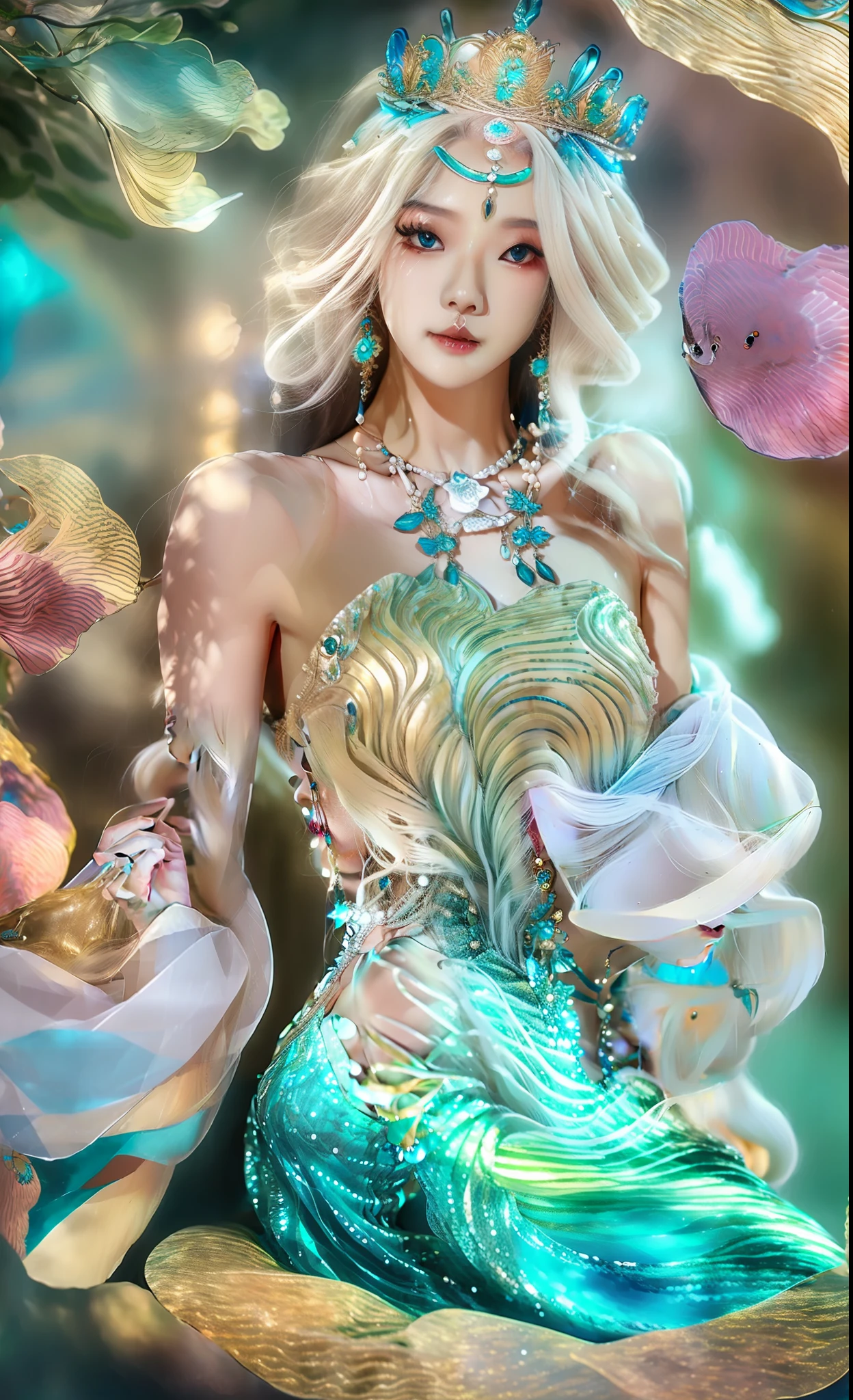 realisticlying，realisticlying，tmasterpiece，best qualtiy，1girll，独奏，（（（Crystal textured hair））），Large blouse sleeves，afloat，beatiful detailed eyes，over exposure，side blunt bangs，Button，exposed bare shoulders，Axis，soft focus，ocean floor、Mysterious mermaid、Beautiful coral reef、Small fish floating around