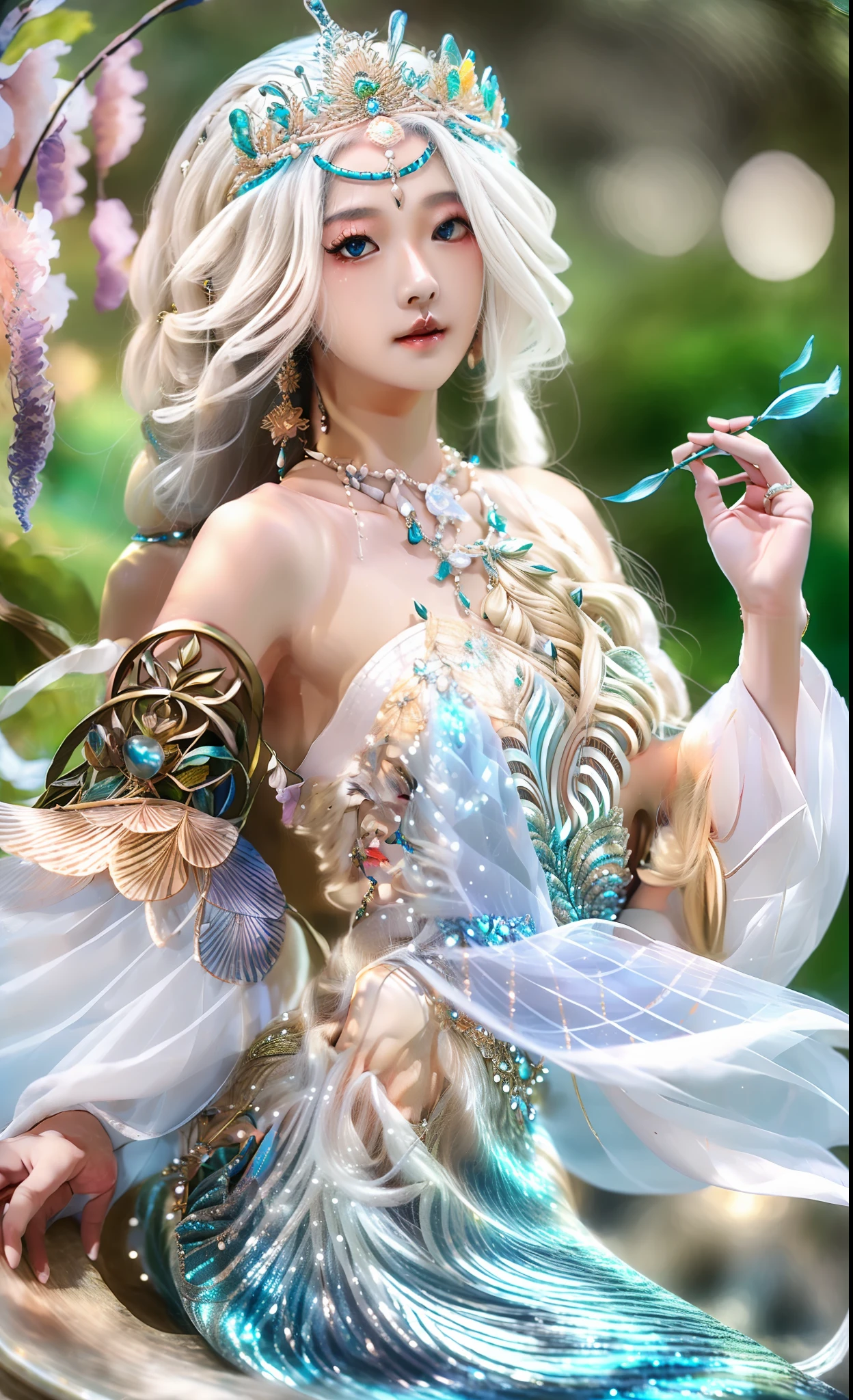 realisticlying,realisticlying,tmasterpiece,best qualtiy,1girll,独奏,(((Crystal textured hair))),Large blouse sleeves,afloat,beatiful detailed eyes,over exposure,side blunt bangs,Button,exposed bare shoulders,Axis,soft focus,ocean floor、Mysterious mermaid、Beautiful coral reef、Small fish floating around