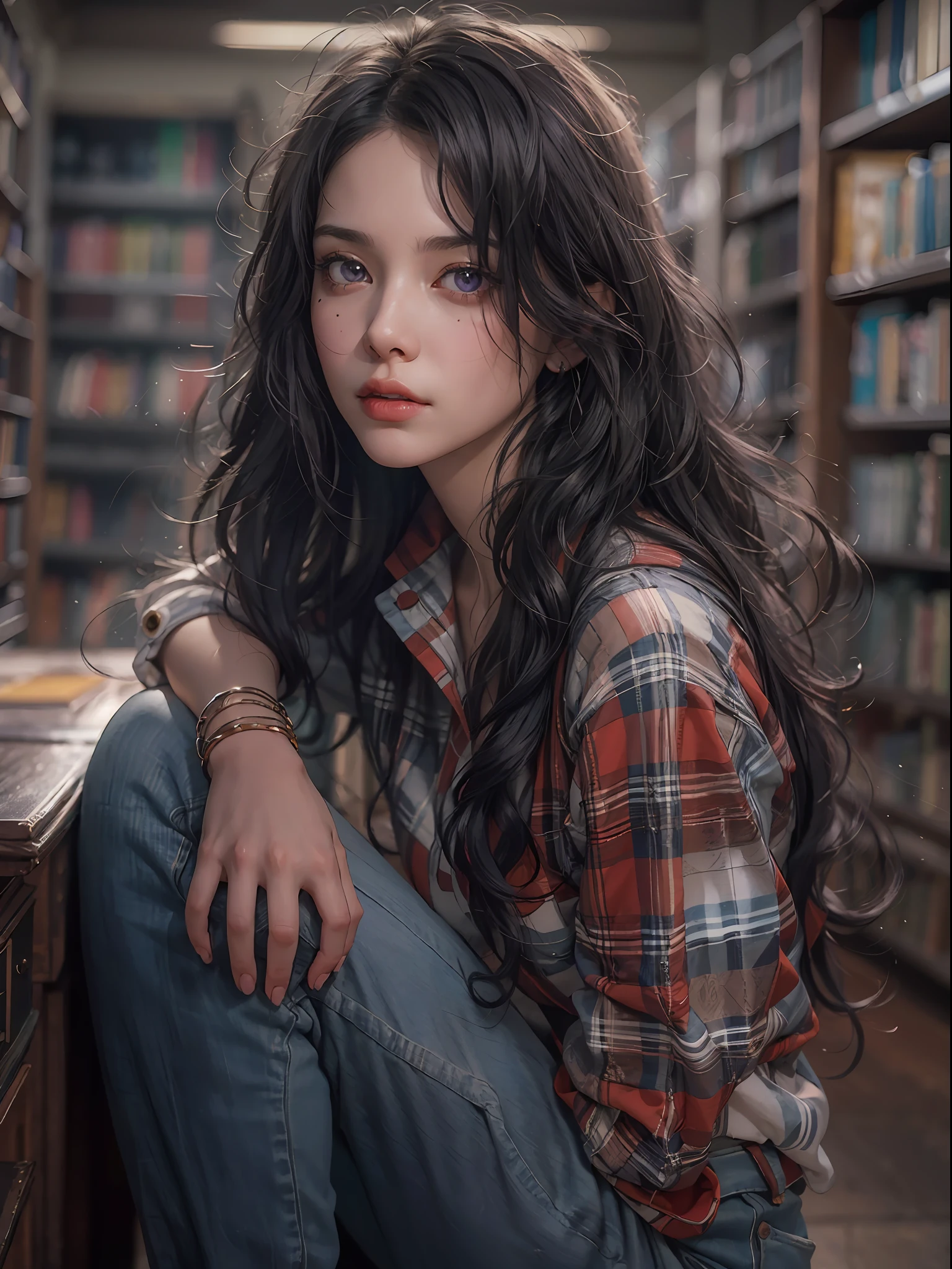 masterpiece, best quality, depth of field, HDR, intricate, absurdres, gorgeous, (detailed face), soft lighting, 1woman, black hair, long hair, curly long bangs, purple eyes, white skin, red plaid shirt, jeans jumpsuit, mature face, little dot on the cheek, chill expression, mature jaw, mature body, adult, tall, library