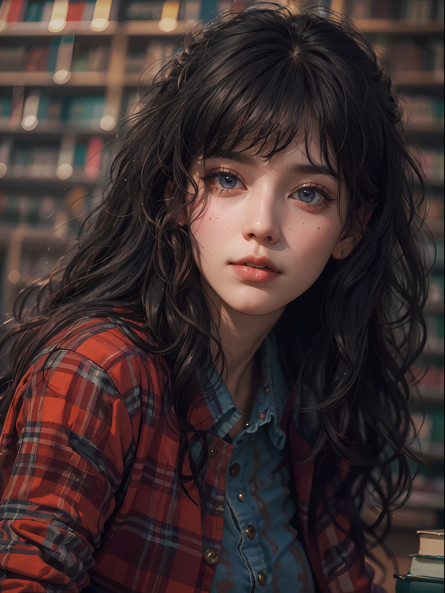 masterpiece, best quality, depth of field, HDR, intricate, absurdres, gorgeous, (detailed face), soft lighting, 1woman, black hair, long hair, curly long bangs, purple eyes, white skin, red plaid shirt, jeans jumpsuit, mature face, little dot on the cheek, chill expression, mature jaw, mature body, adult, tall, library