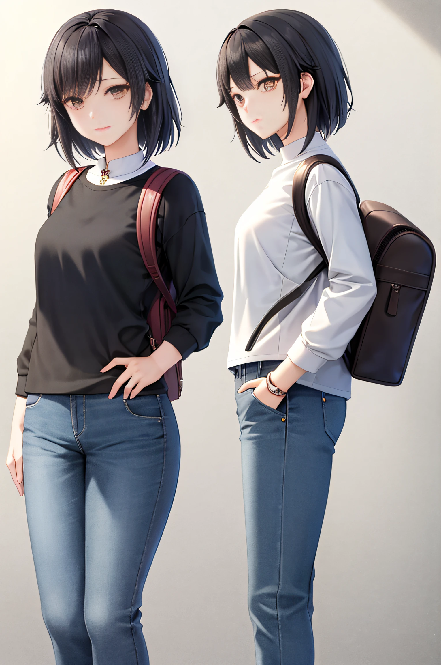 Very detailed and precise illustrations、Very beautiful 23 year old woman standing、is looking at the camera、独奏、Brown Shorthair、Perfect round gray eyes、small 、sad Facial expression、Both hands are lowered、Black long sleeve shirt、Wearing denim pants、Carry a small backpack、From head to knee、Back lighting、Makoto Shinkai CG Art。
