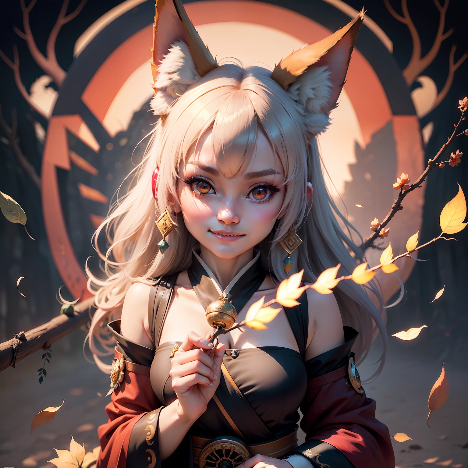 wince, longeyelashes, solid circle eyes, light smile, ear blush, fang, fox ears, bell, jeweled branch of hourai, Surrealism, drop shadow, anaglyph, stereogram, tachi-e, pov, atmospheric perspective, 8k, super detail, ccurate, best quality --auto