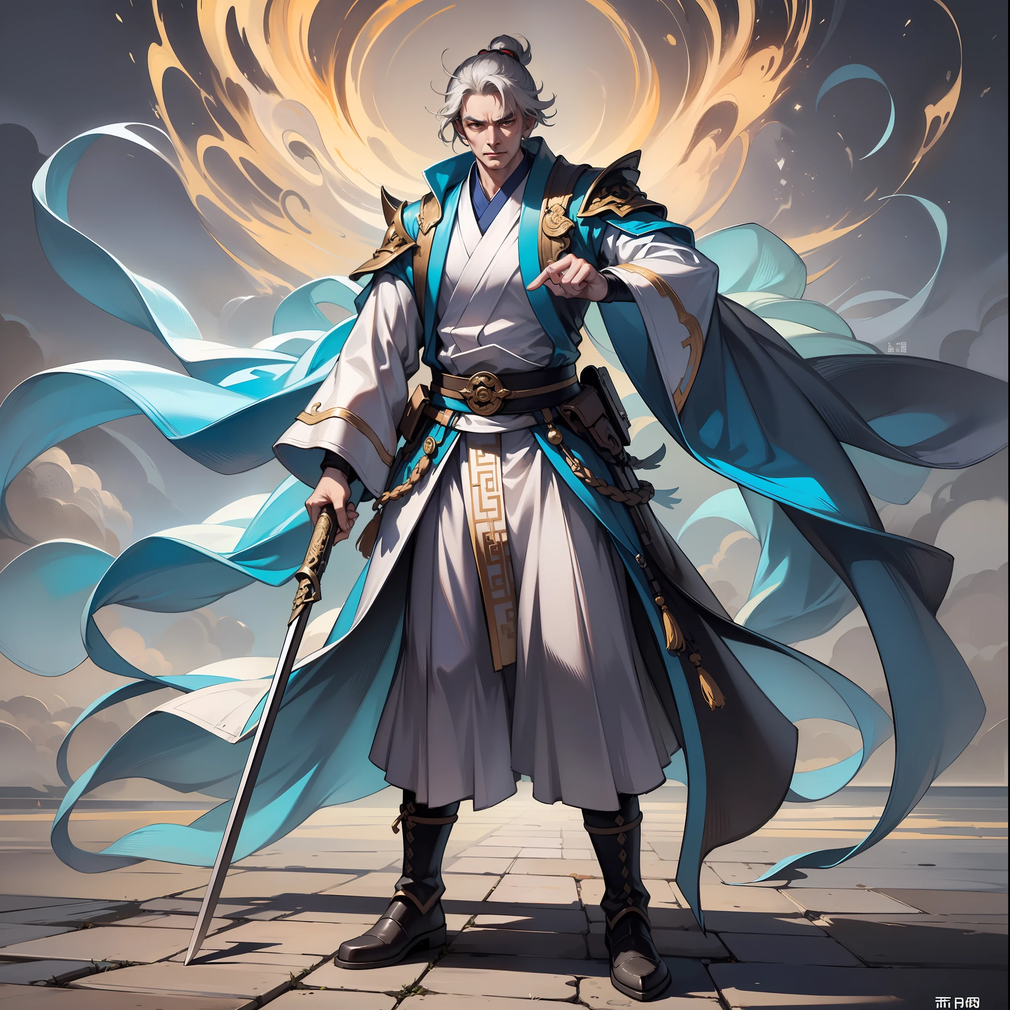 full body shot shot，white backgrounid。Yang Lin is a gray-haired old man，He is a powerful swordsman。Wearing ancient Chinese Taoist robes。His temperament is elegant and otherworldly，Informal，Take one's time，At the same time, and indomitable tenacity and determination