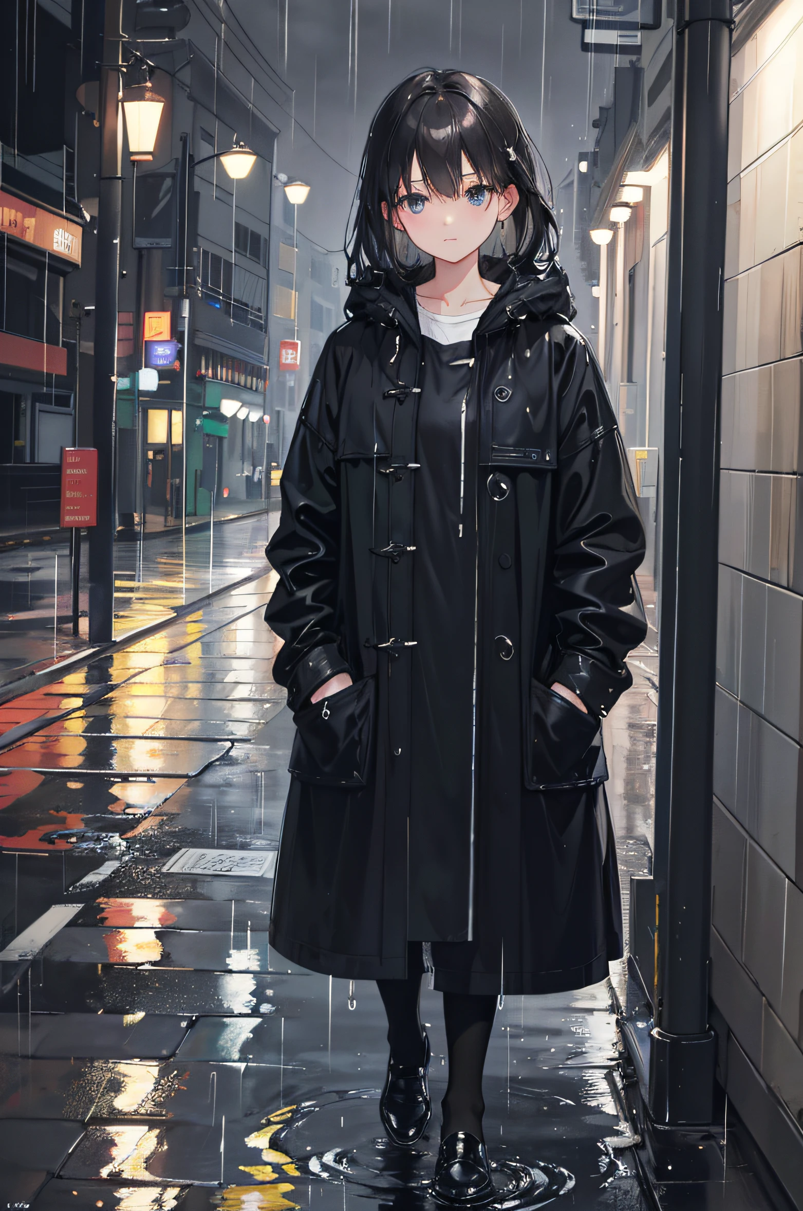 (Extremely realistic oil painting,Fine night view,High-definition finished product,The rain is very layered),In the night,1girl bowed her head and walked forward,Walk alone through wet streets,Put your hands in your pockets,Wearing a black coat,Highlight your personality。