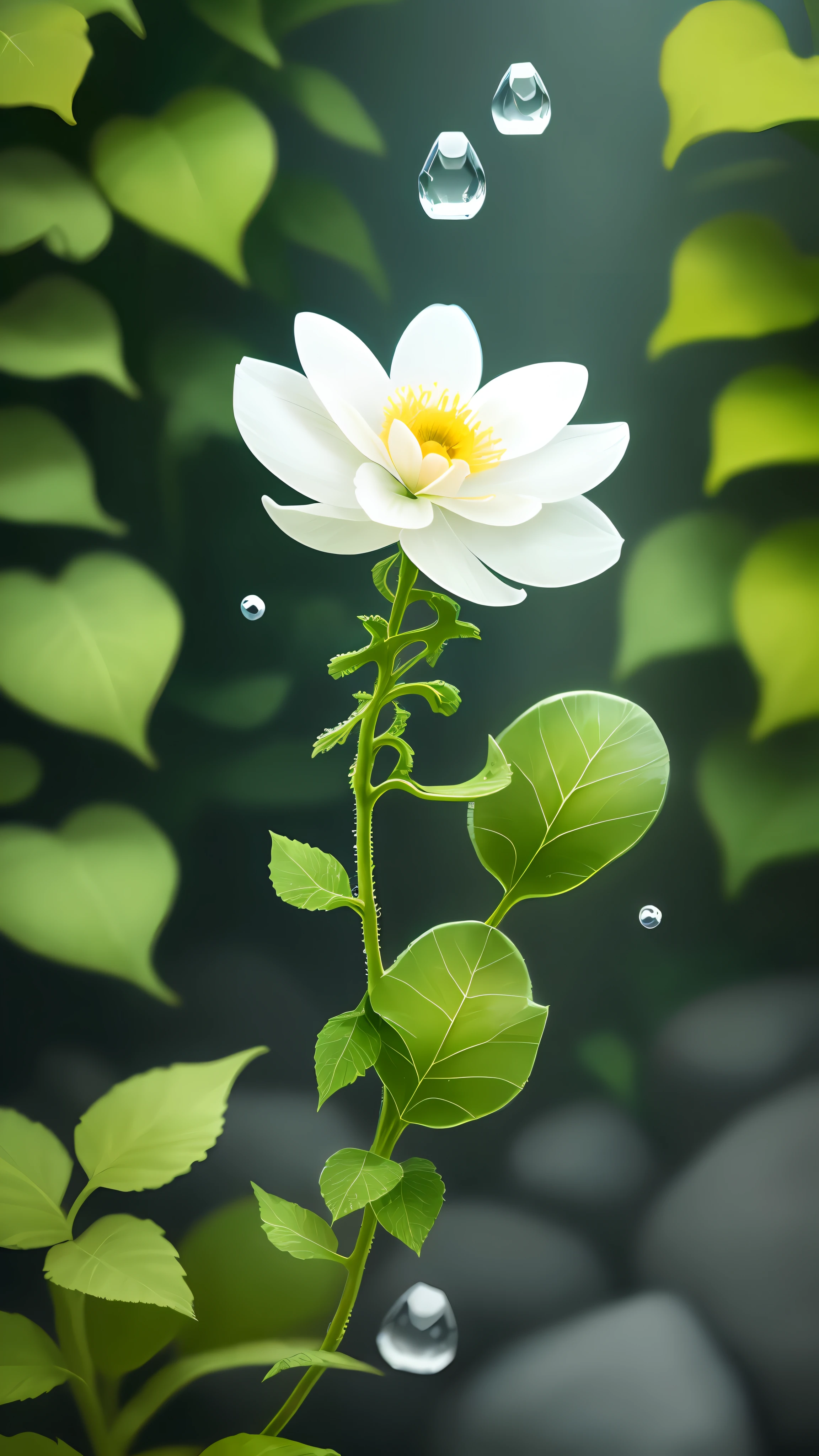 A white flower, transparent petals, as deep as sea water, crystal clear + dewdrops, 8K, HD, ivy, flowers, tropical plants