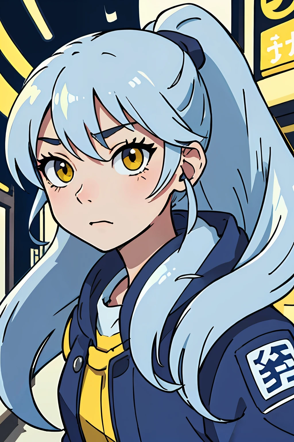 (best qualtiy:0.8),(best qualtiy:0.8),Perfect anime illustration,Extreme close-up portrait of a beautiful woman walking through the city,light blue long hair,Yellow eyes,High ponytail,middle score