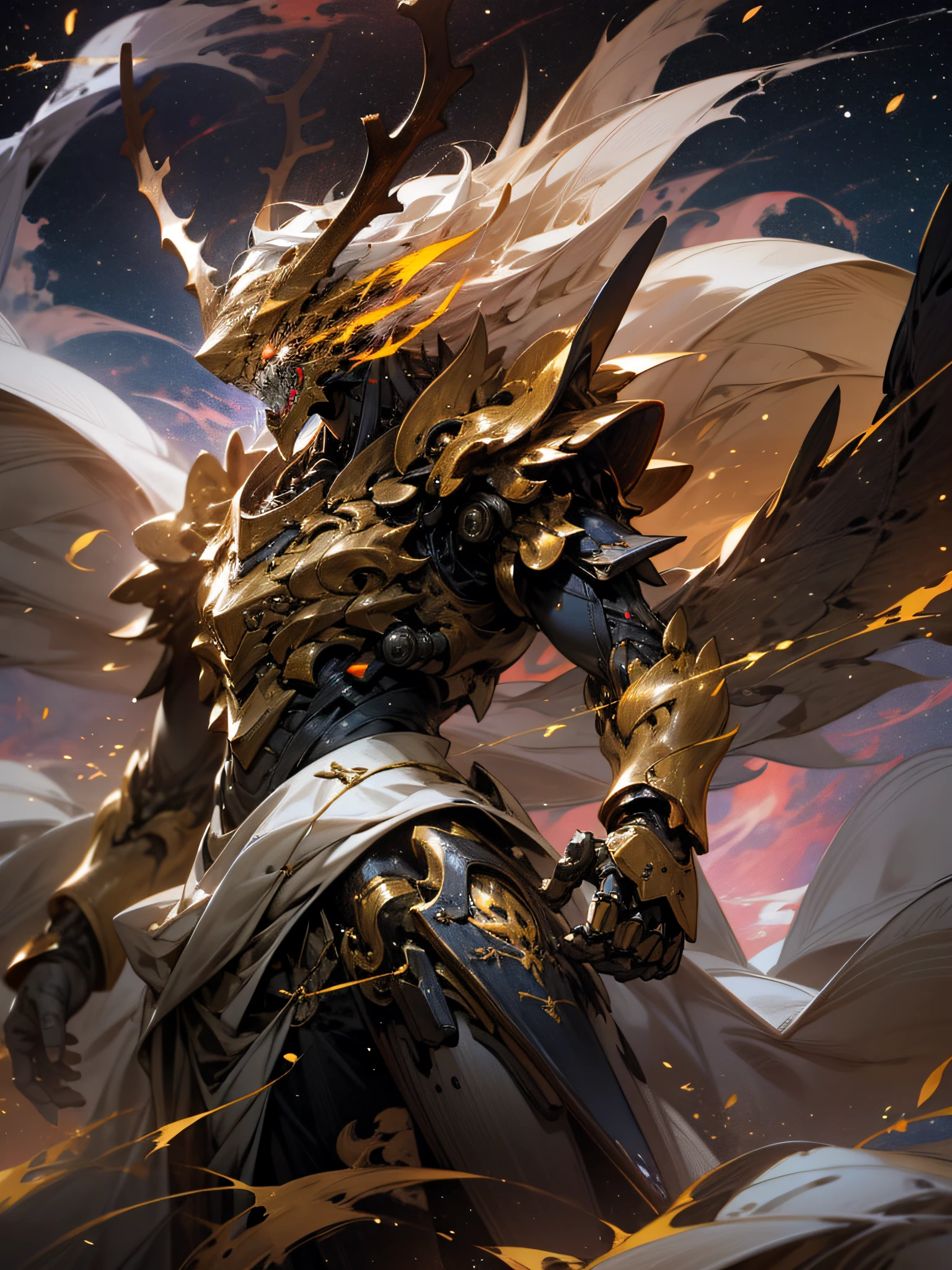 （8K，tmasterpiece，best qualtiy），超高分辨率，（realisticlying：1.4），Flame Dragon Armor，Colored scales，Mecha covers the whole body，Machinary，Shining starry sky，Cloud，A detailed，ultra - detailed，sci-fy，Extremely fine，Golden runes，Particle effect，Focus，East Asian type，Golden antlers，（Magical Circle：1.2），stare into the distance