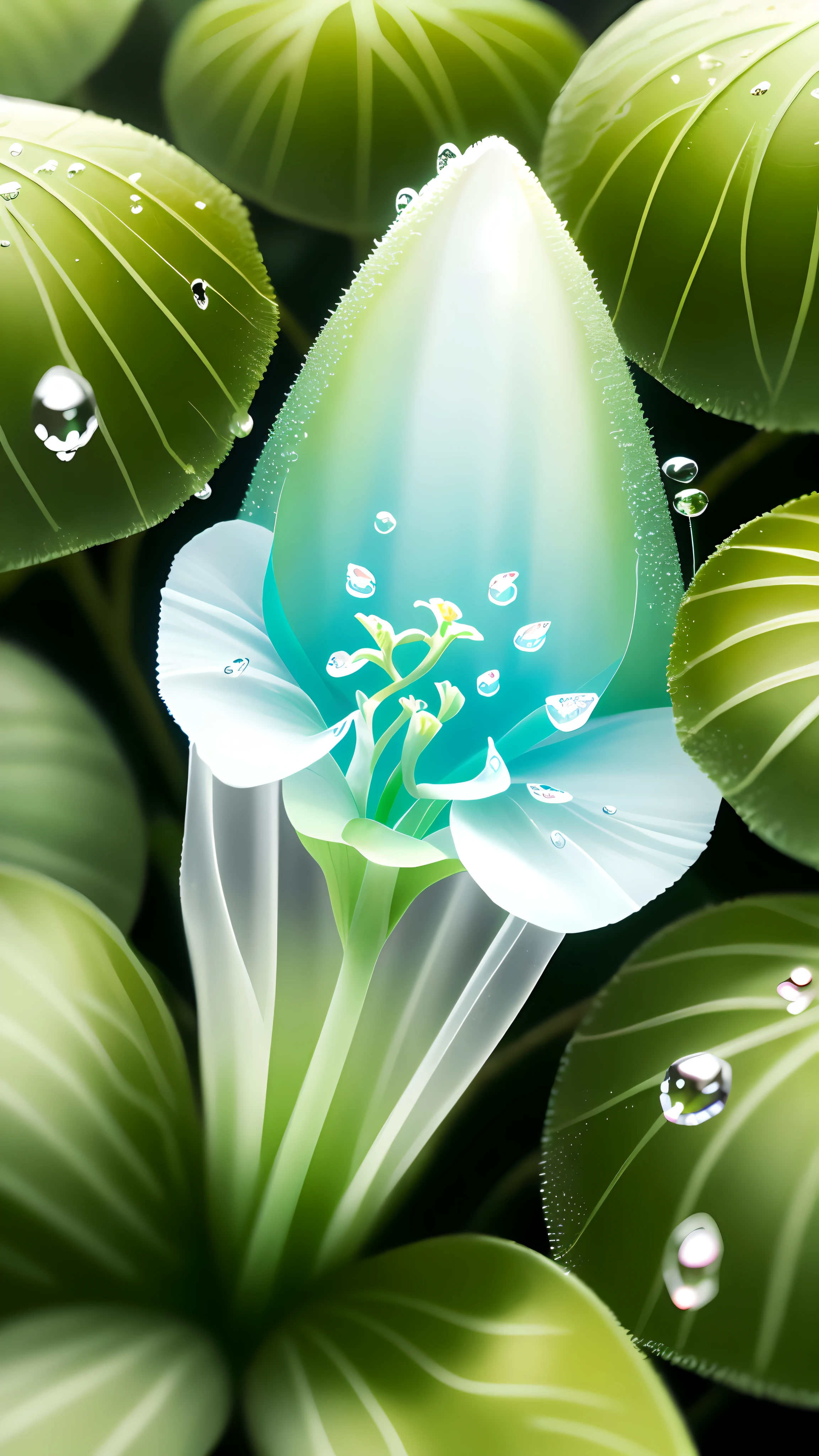 A white flower, transparent petals, as deep as sea water, crystal clear + dewdrops, 8K, HD, ivy, flowers, tropical plants