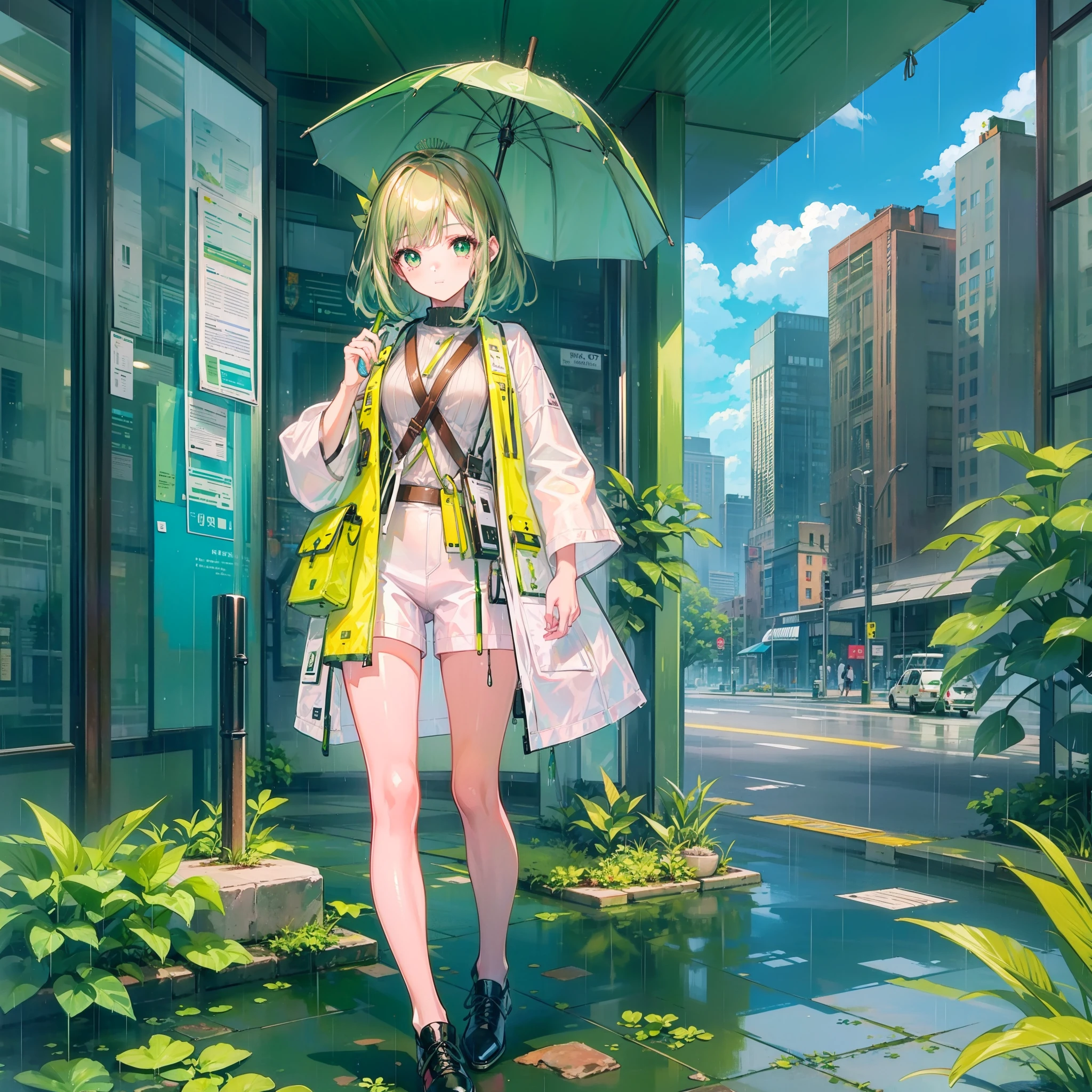 a green hair，Girl white researcher coat，Green underwear，Holding a green umbrella，Rainy day in the background