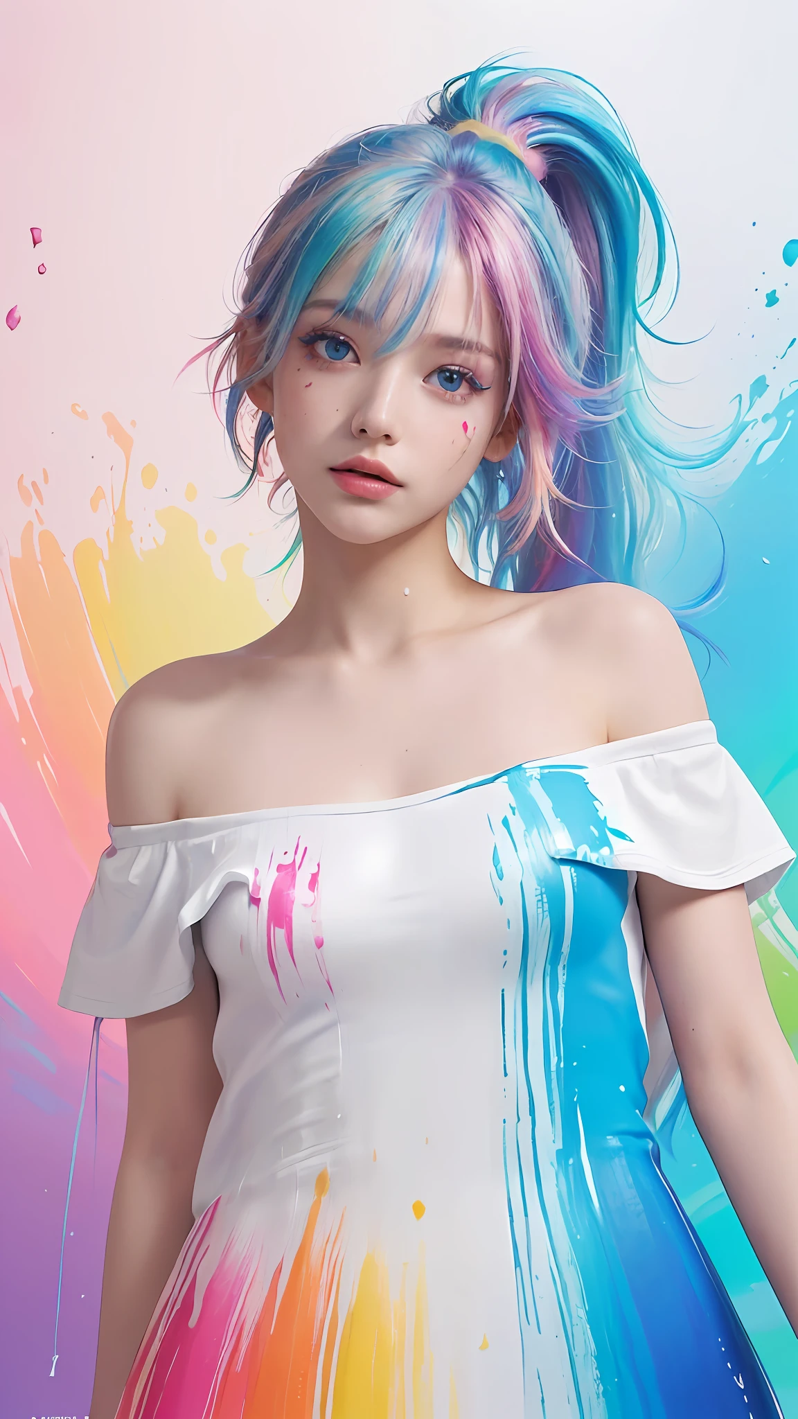 (Pink Fashion T-shirt:1.9),(Colorful hair: 1.8), (all the colours of the rainbow: 1.8),(((((vertical painting:1.6))), (painting:1.6),front, comics, illustrations, paintings, large eyes, crystal clear eyes,( rainbow color gradient high ponytail:1.7), exquisite makeup, closed mouth,(Small Fresh: 1.5),(Wipe Chest: 1.6) ,long eyelashes, white off shoulder T-shirt, White Shoulder Shirt,looking at the audience, large watery eyes, (rainbow colored hair:1.6), color splash, (solo:1.8), color splash, color explosion, thick paint style, messy lines, ((shining)),(colorful), (colorful), (colorful), colorful, Thick Paint Style, (Splash) (Color Splash), Vertical Painting, Upper Body, Paint Splash, Acrylic Pigment, Gradient, Paint, Highest Image Quality, Highest Quality, Masterpiece, Solo, Depth of Field, Face Paint, colorful clothes, (Elegant: 1.2), gorgeous,long hair, wind, (Elegant: 1.3), (Petals: 1.4),(((masterpiece))),(((best quality))),((ultra-detailed)),(illustration),(dynamic angle),((floating)),(paint),((disheveled hair)),(solo),(1girl) , (((detailed anima face))),((beautiful detailed face)),collar,bare shoulders,white hair, ((colorful hair)),((streaked hair)),beautiful detailed eyes,(Gradient color eyes),(((colorful eyes))),(((colorful background))),(((high saturation))),(((surrounded by colorful splashes))),