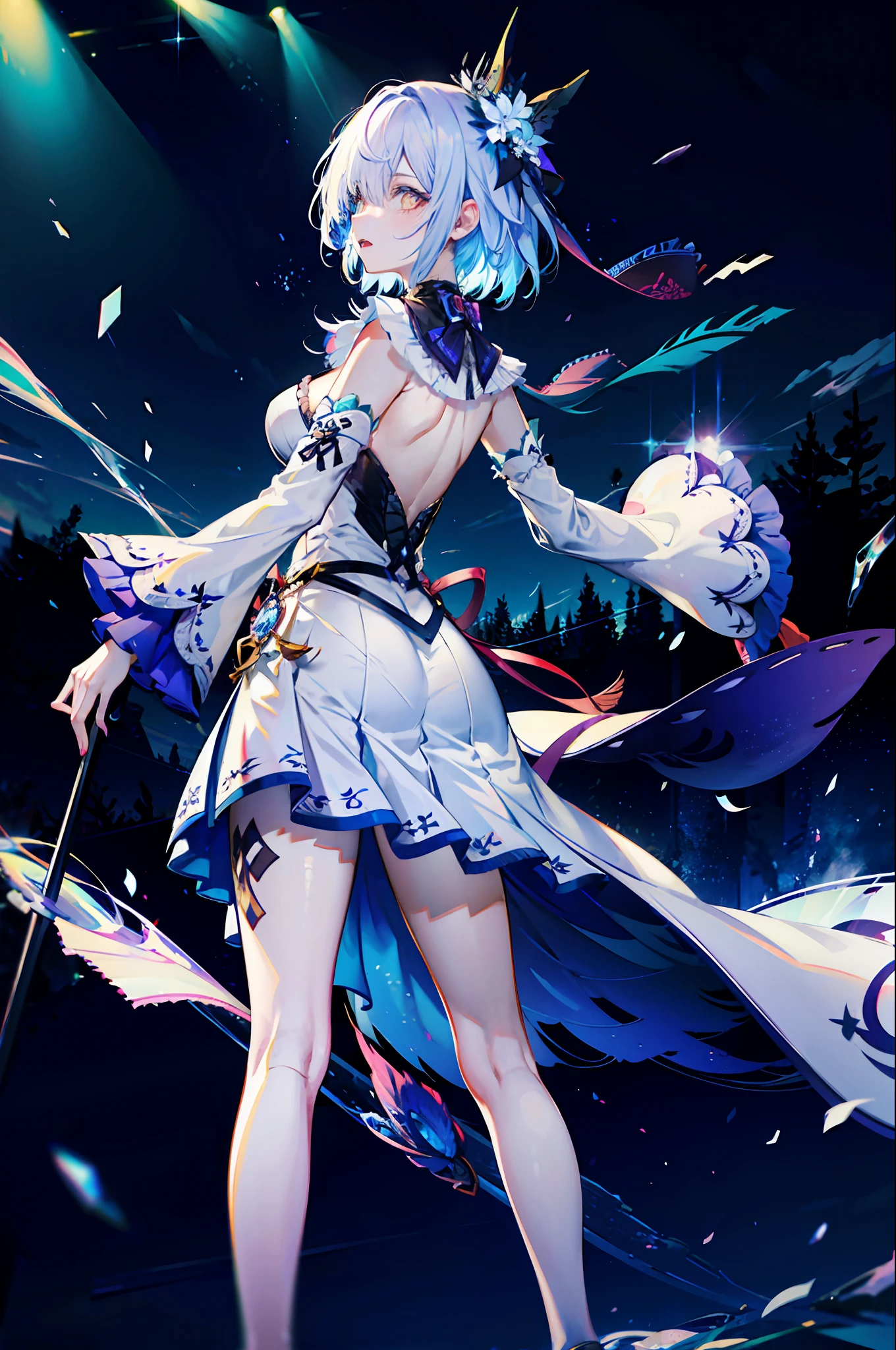 (best qualtiy,8k,Fine wallpapers,detailed back ground,A high resolution,absurderes,full bloom,messy hair,shinny hair,Exposure to light,Bright pupils),
1girll,Focus on the legs,receiver,long whitr hair,silber hair,large_breasts,action_pose,standing on your feet,Behind the arm,stage,spotlight lights,glass ceilings,
God and(genshin impact),hair_ornament,Hair is more than one eye,designer dress,dutch_angle,