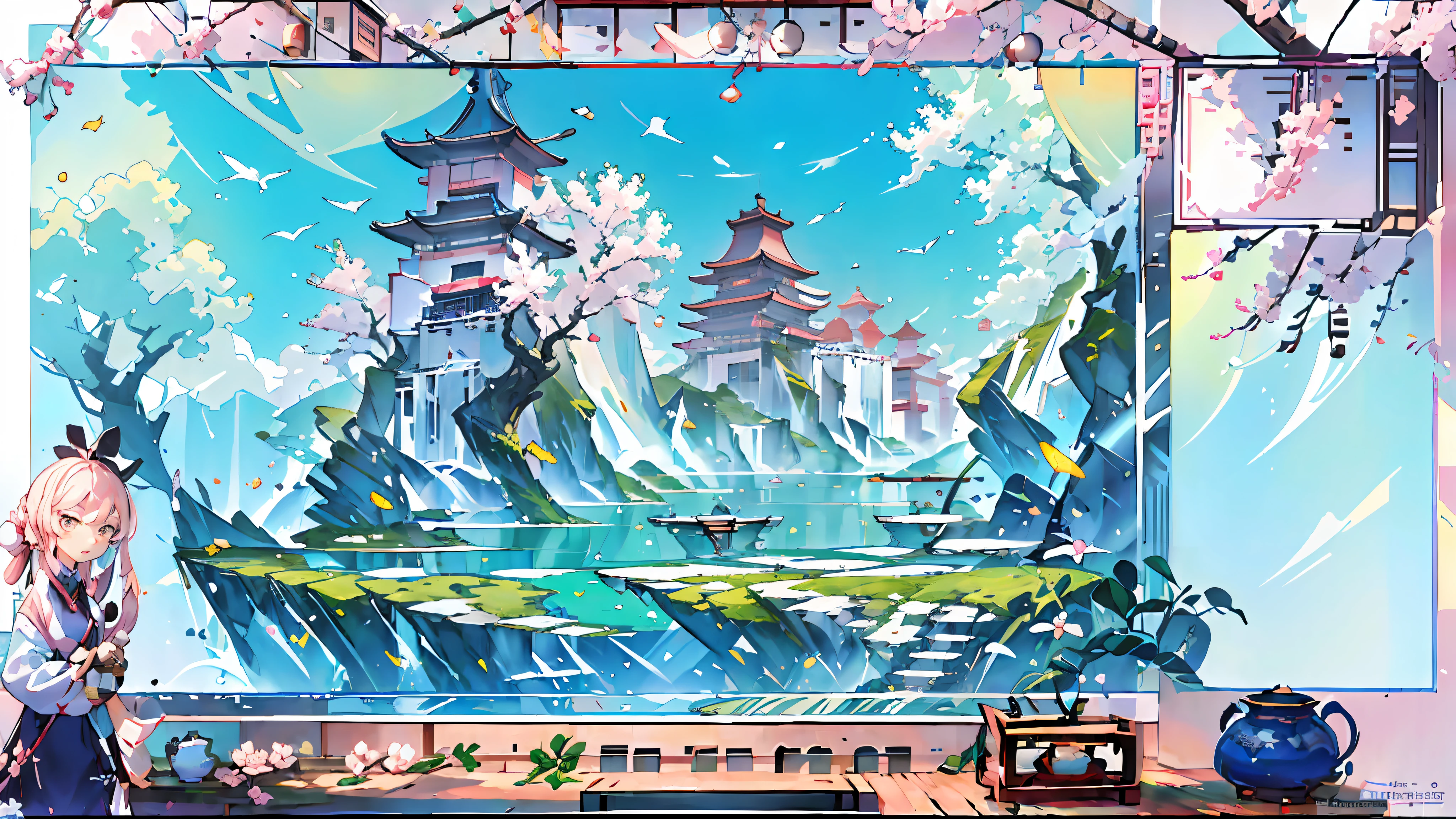(((masterpiece))),best quality,Concise white draft,Blank background,Weibo style,Light pink border and details,1girl,Whiteboard wallpaper - 1024x768,white cyan,Detailed view with width 672,Happy atmosphere
