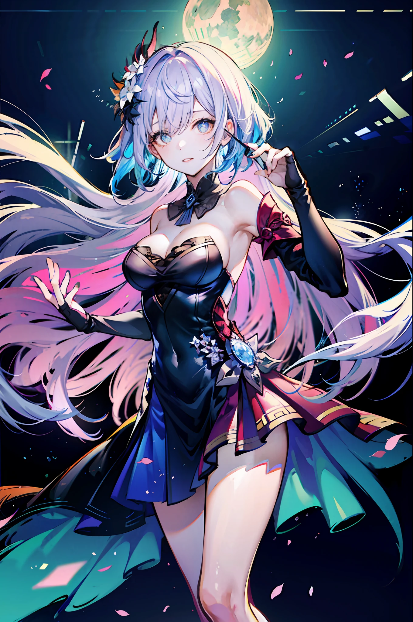 (best qualtiy,8k,Fine wallpapers,detailed back ground,A high resolution,absurderes,full bloom,messy hair,shinny hair,Exposure to light,Bright pupils),
1girll,Focus on the legs,receiver,long whitr hair,silber hair,large_breasts,action_pose,standing on your feet,Behind the arm,stage,spotlight lights,glass ceilings,
God and(genshin impact),hair_ornament,Hair is more than one eye,designer dress,dutch_angle,