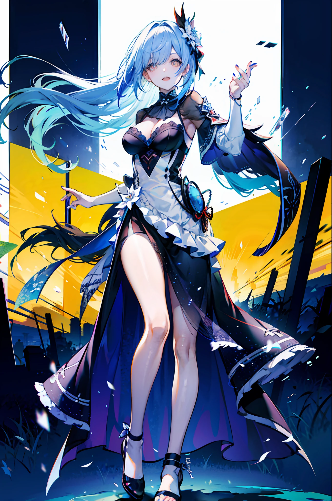 （best qualtiy，8k，Fine wallpapers，detailed back ground，A high resolution，absurderes，full bloom，messy  hair，shinny hair，Exposure to light，Bright pupils），
1girll，Focus on the legs，receiver，long whitr hair，silber hair，large_breasts，action_pose，standing on your feet，Behind the arm，stage，spotlight lights，glass ceilings，
God and（genshin impact），hair_ornament，Hair is more than one eye，designer dress，dutch_angle，