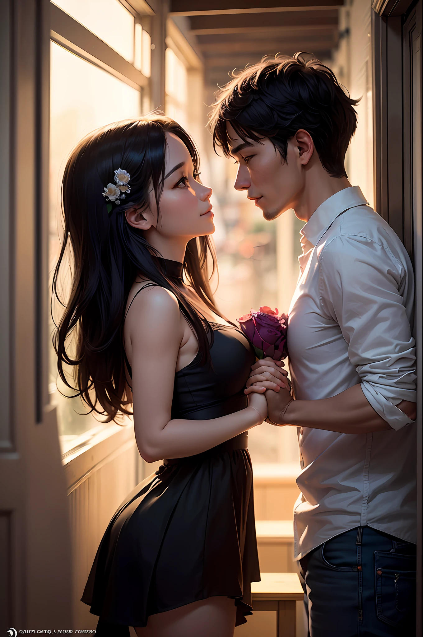(a picture of a couple holding hands and looking at each other with love),(romantic atmosphere, soft lighting),(Vietnamese title: 'Finding the love of someone who doesn't have a lover', English translation: 'In Search of Love for the Unattached'),(author: 'Bing', bottom-right corner inscription) --auto