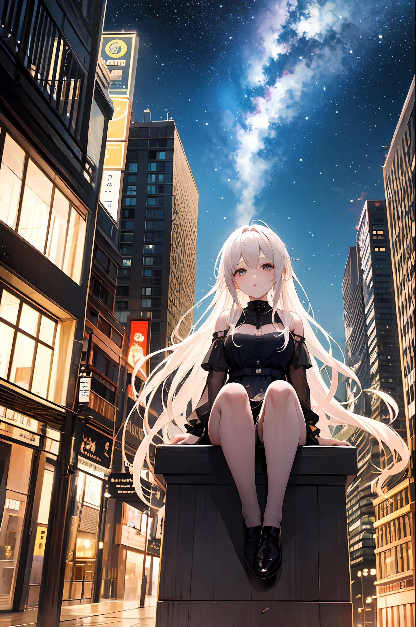 octans, sky, star (sky), scenery, starry sky, night, 1girl, night sky, solo, outdoors, building, cloud, milky way, sitting, tree, long hair, city, silhouette, cityscape
