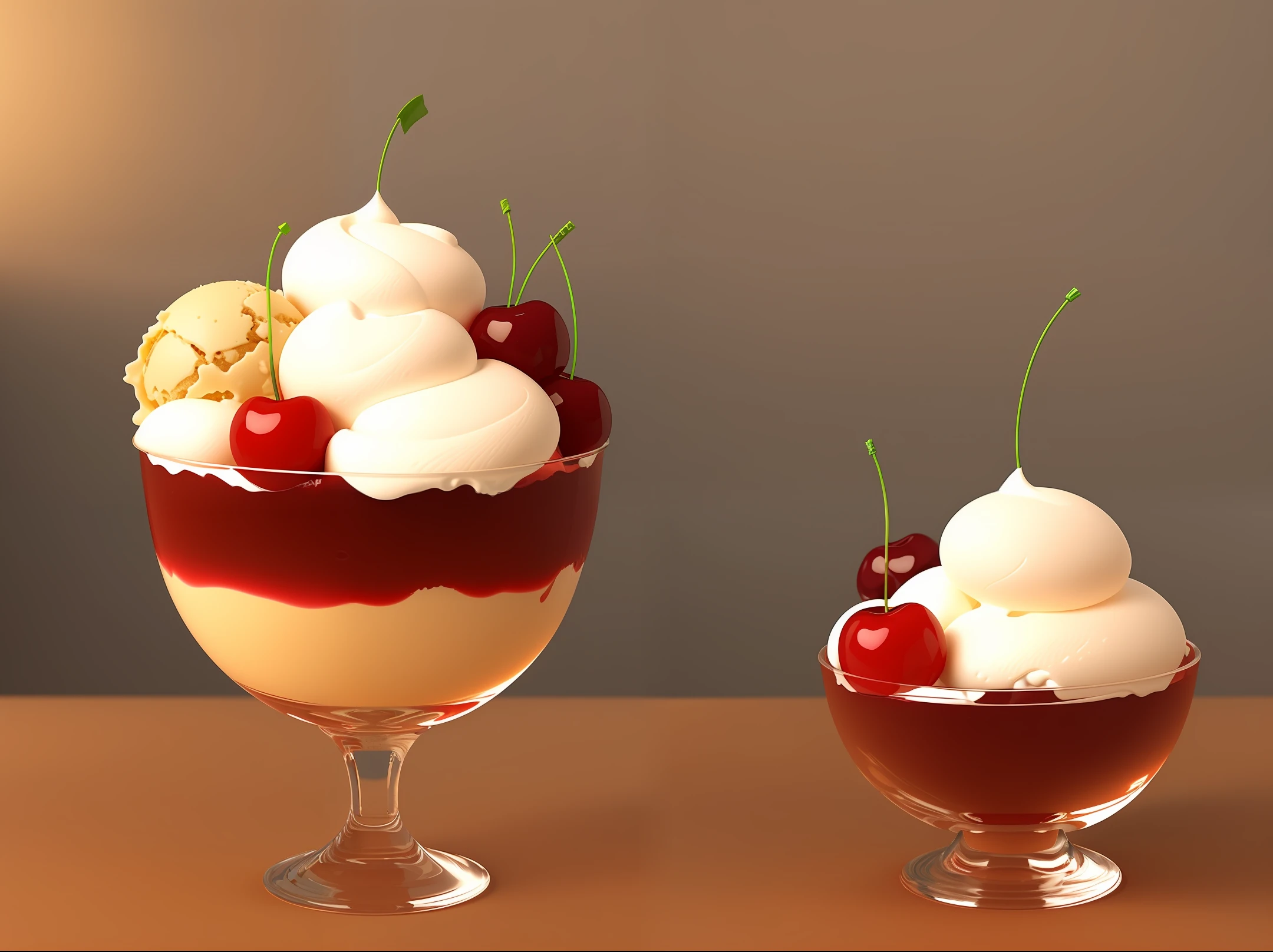 ice cream sundae, delicious, glistening, cherries, marshmallows, highly detailed, octane render