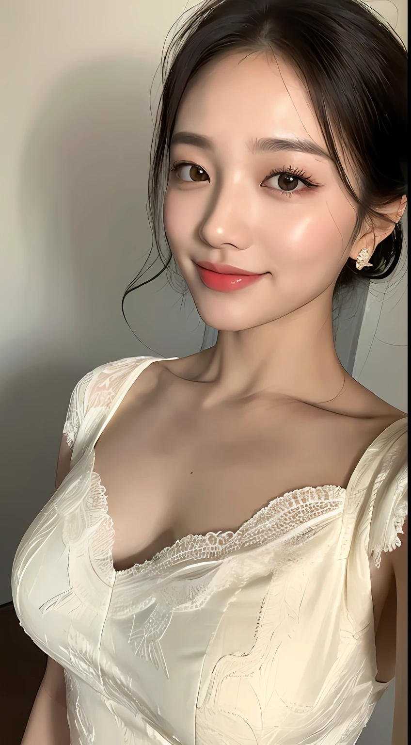 (Best quality, 8K, masterpiece:1.3)) , (one person: 1.4), 1girl, a Korean woman, a goddess, 25 years old, portrait photography, high contrast, God perspective, aperture F1.2, focal length 24mm, ( Full body: 1.2), smile, pose for photos, fine lace, slip dress, simple cut dress, brand dress, simple cut, long black hair, hair tied up, super detailed skin details, detailed fabric texture