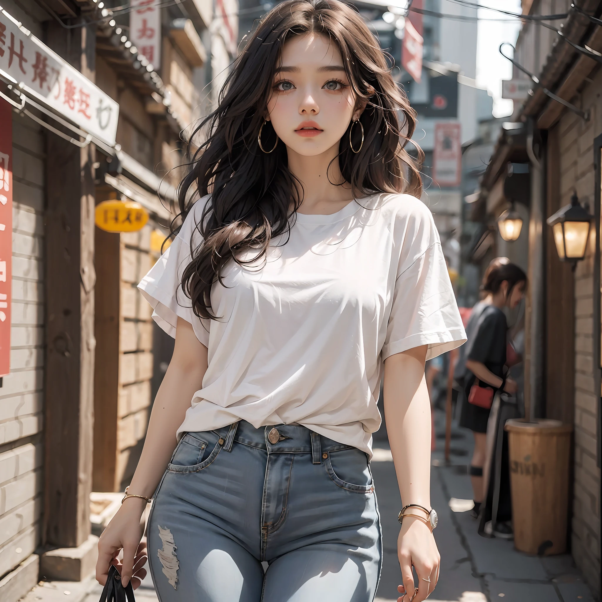 offcial art, tmasterpiece, (k hd:1.3), cinmatic lighting,1girll ,独奏, Blue short-sleeved T-shirt, Black jeans, longwavy hair, brown hair, Big round eyes, Gray eye, soft pink lips, hoop earings, dark alley background,It's raining outside。 18 years old, natural lightting, (3/4 body shot of:1.6), standing on your feet, sam yang