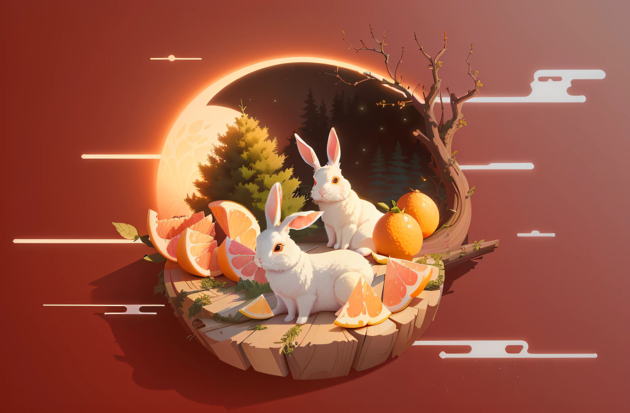 There were two rabbits sitting on a piece of wood,On top of it are large grapefruit, Yuzu stands out,obvious,Very detailed grapefruit,In the picture, A paradoxical grapefruit has a rabbit forest, Inspired by Cyril Rolando, In the style of Cyril Rolando, cyril rolando and goro fujita, Official illustration, A beautiful artwork illustration,, high detail illustration, rendered illustration, portfolio illustration, in style of digital illustration, Detailed 2D illustration,