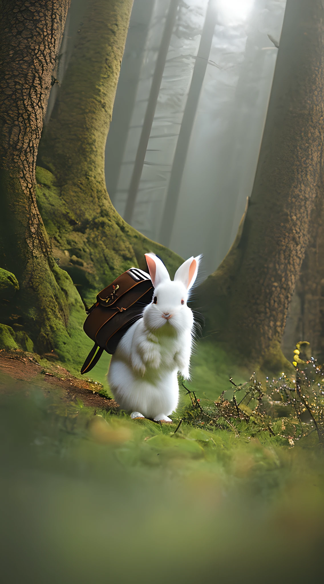 Classic negative portrait photo，Fantasy video game character concept art，Cute white furry bunny carrying a small brown leather backpack,Map hike through the forest,dungeons and dragons,rios,haze,Halo,blooms,Dramatic atmosphere,1970s dark fantasy film style,Central symmetry,the rule of thirds。