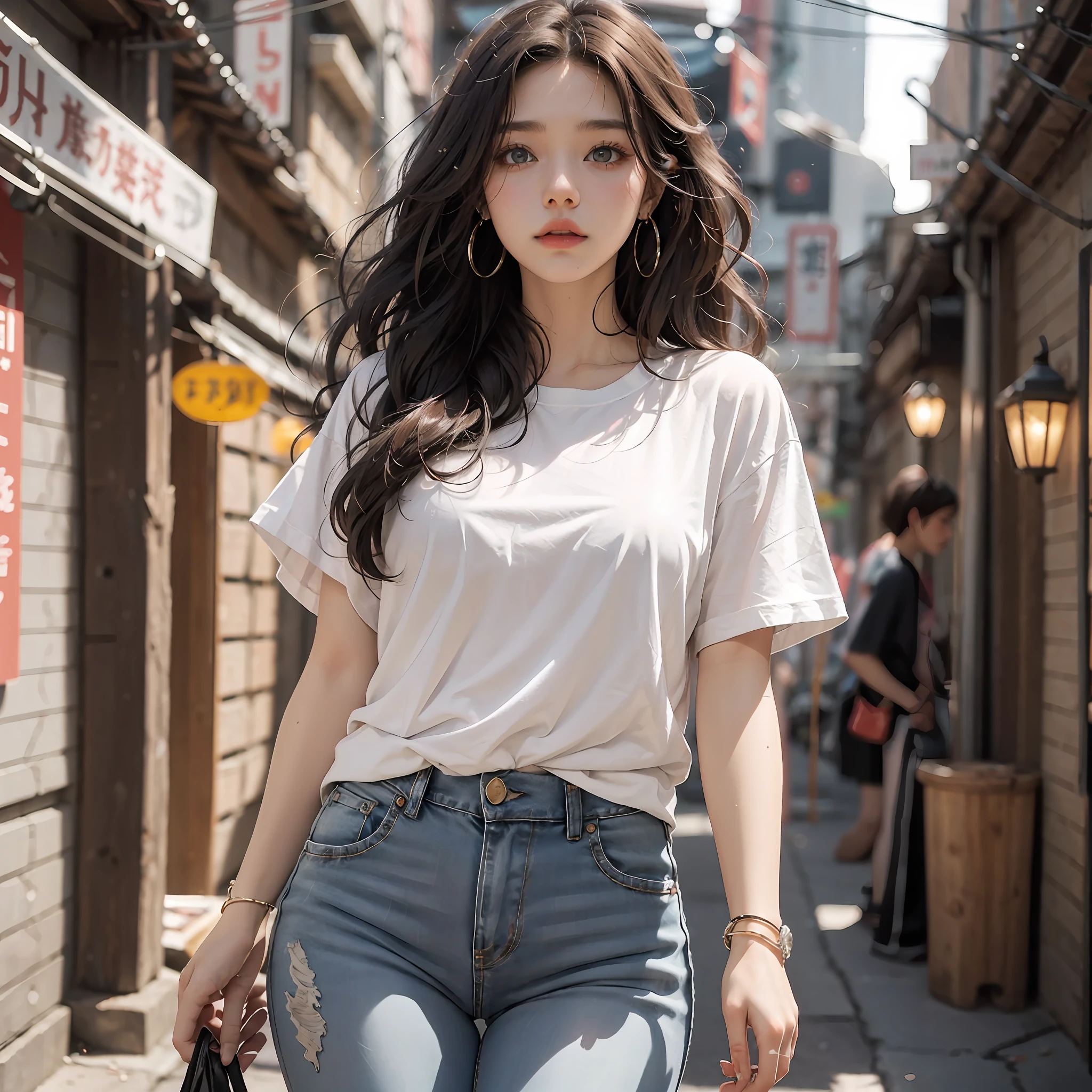 offcial art， tmasterpiece， （k hd：1.3）， cinmatic lighting，1girll ，独奏，  Blue short-sleeved T-shirt， Black jeans， longwavy hair， brown  hair， Big round eyes， Gray eye， soft pink lips， hoop earings， dark alley background，It's raining outside。 18 years old， natural  lightting， （3/4 body shot of：1.6）， standing on your feet， sam yang